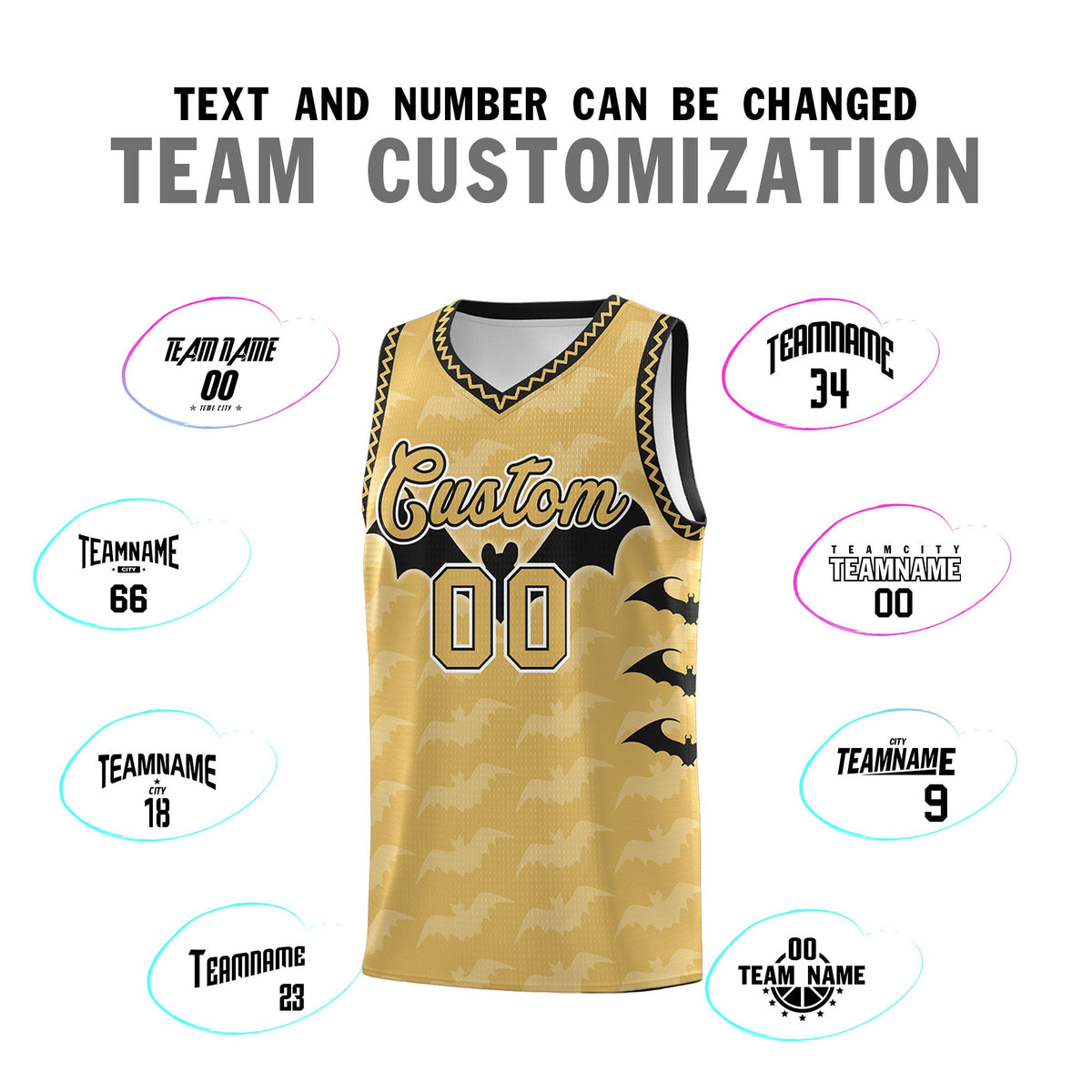 Custom Old Gold Black White Bat Pattern Halloween Basketball Jersey | For Men,For Kid,For Youth,Sublimation Printed,Perfect for Training,Perfect for Parties,Add Name and Numbern | KXKSHOP