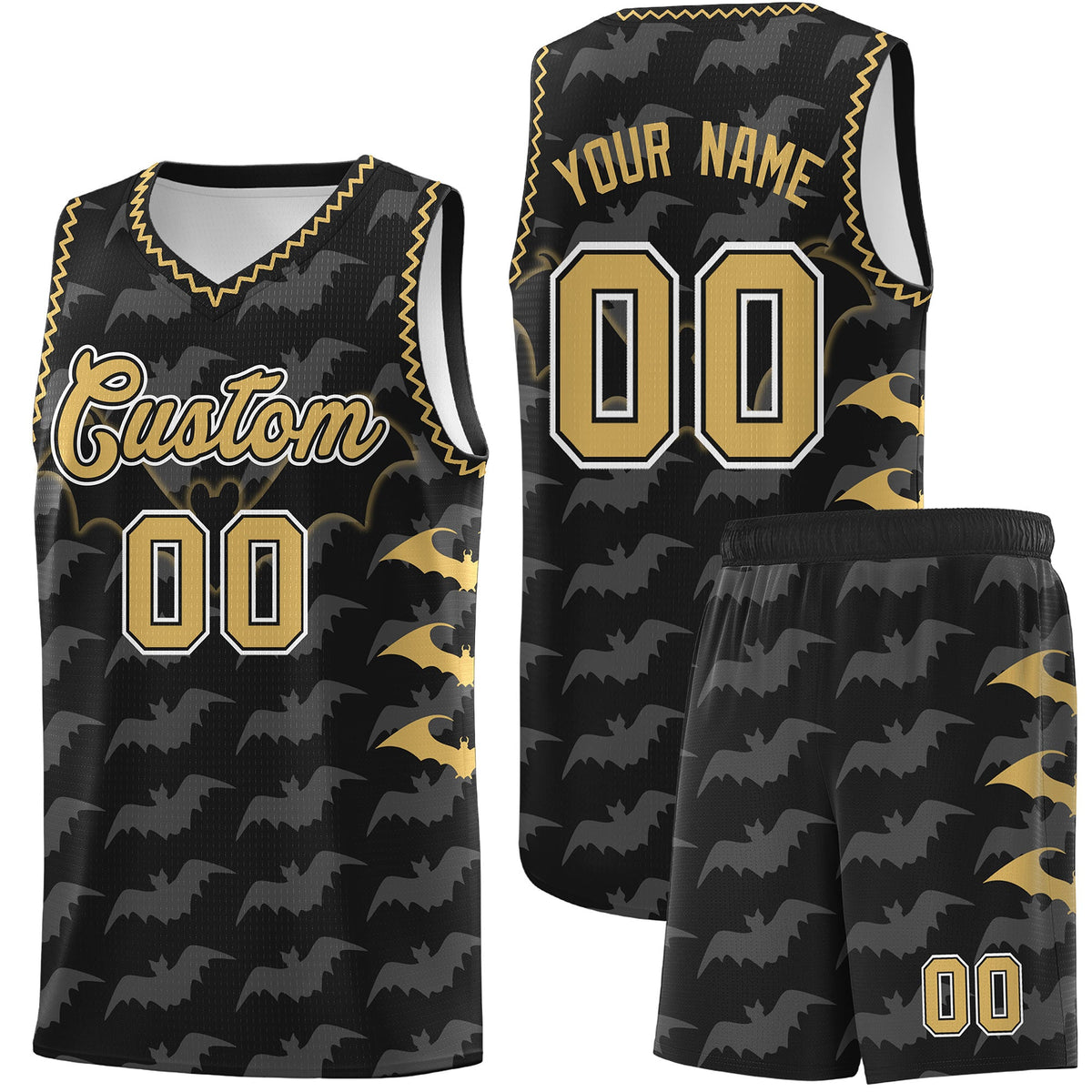 Custom Black Old Gold White Bat Pattern Halloween Basketball Jersey | For Men,For Kid,For Youth,Sublimation Printed,Perfect for Training,Perfect for Parties,Add Name and Numbern | KXKSHOP