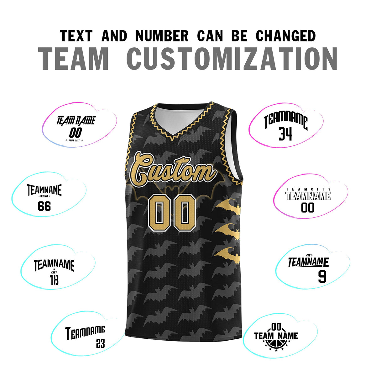 Custom Black Old Gold White Bat Pattern Halloween Basketball Jersey | For Men,For Kid,For Youth,Sublimation Printed,Perfect for Training,Perfect for Parties,Add Name and Numbern | KXKSHOP