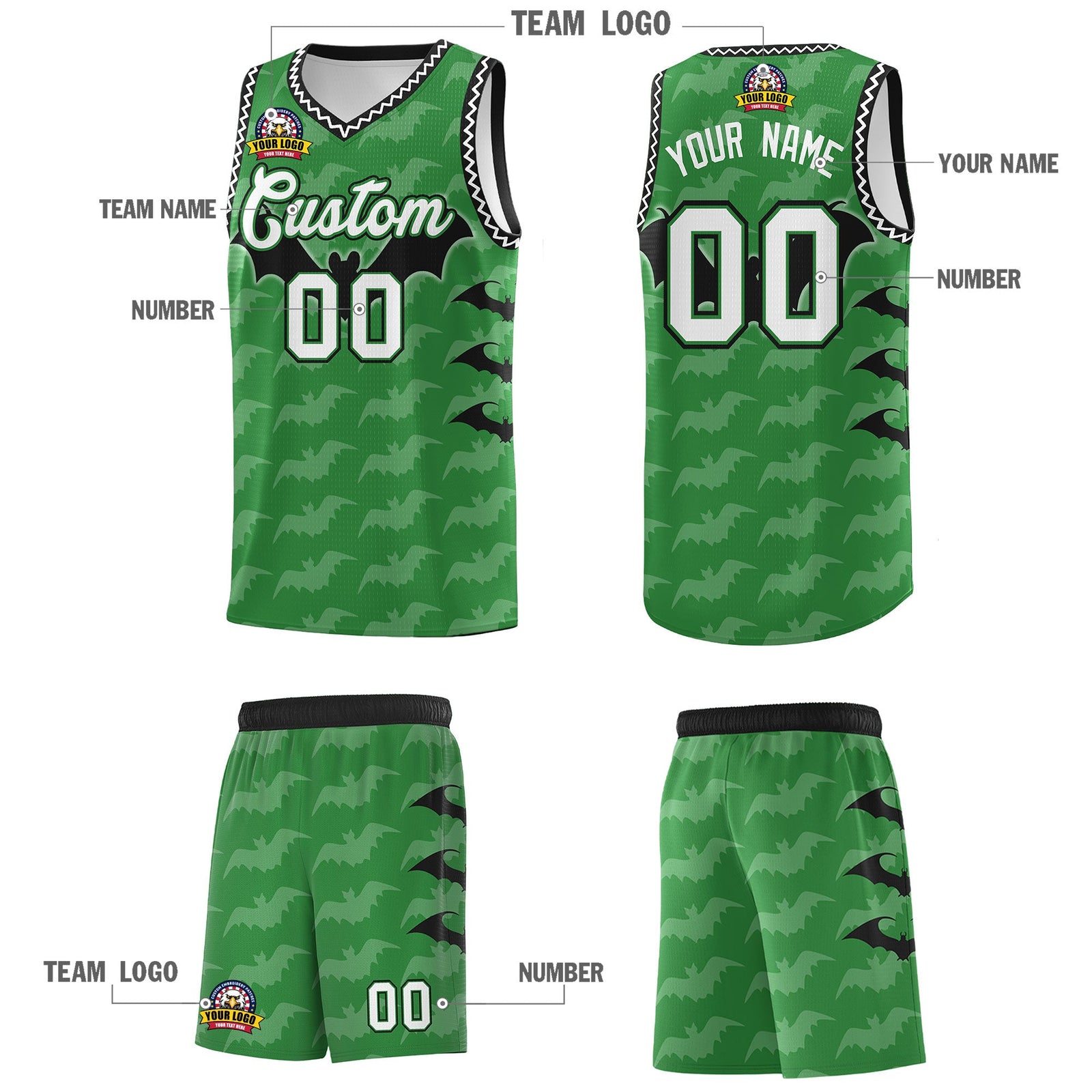 Custom Kelly Green White Black Bat Pattern Halloween Basketball Jersey | For Men,For Kid,For Youth,Sublimation Printed,Perfect for Training,Perfect for Parties,Add Name and Numbern | KXKSHOP