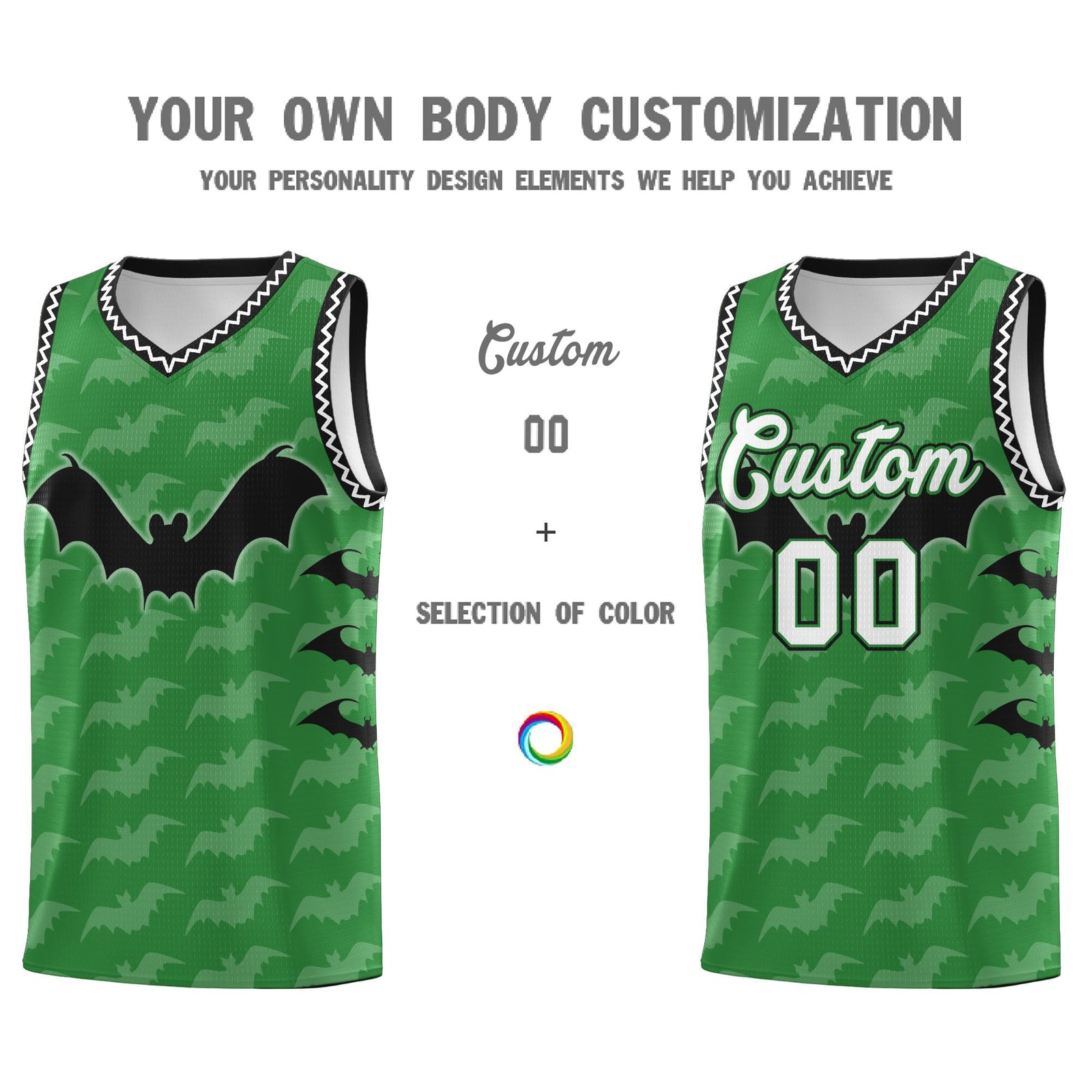Custom Kelly Green White Black Bat Pattern Halloween Basketball Jersey | For Men,For Kid,For Youth,Sublimation Printed,Perfect for Training,Perfect for Parties,Add Name and Numbern | KXKSHOP
