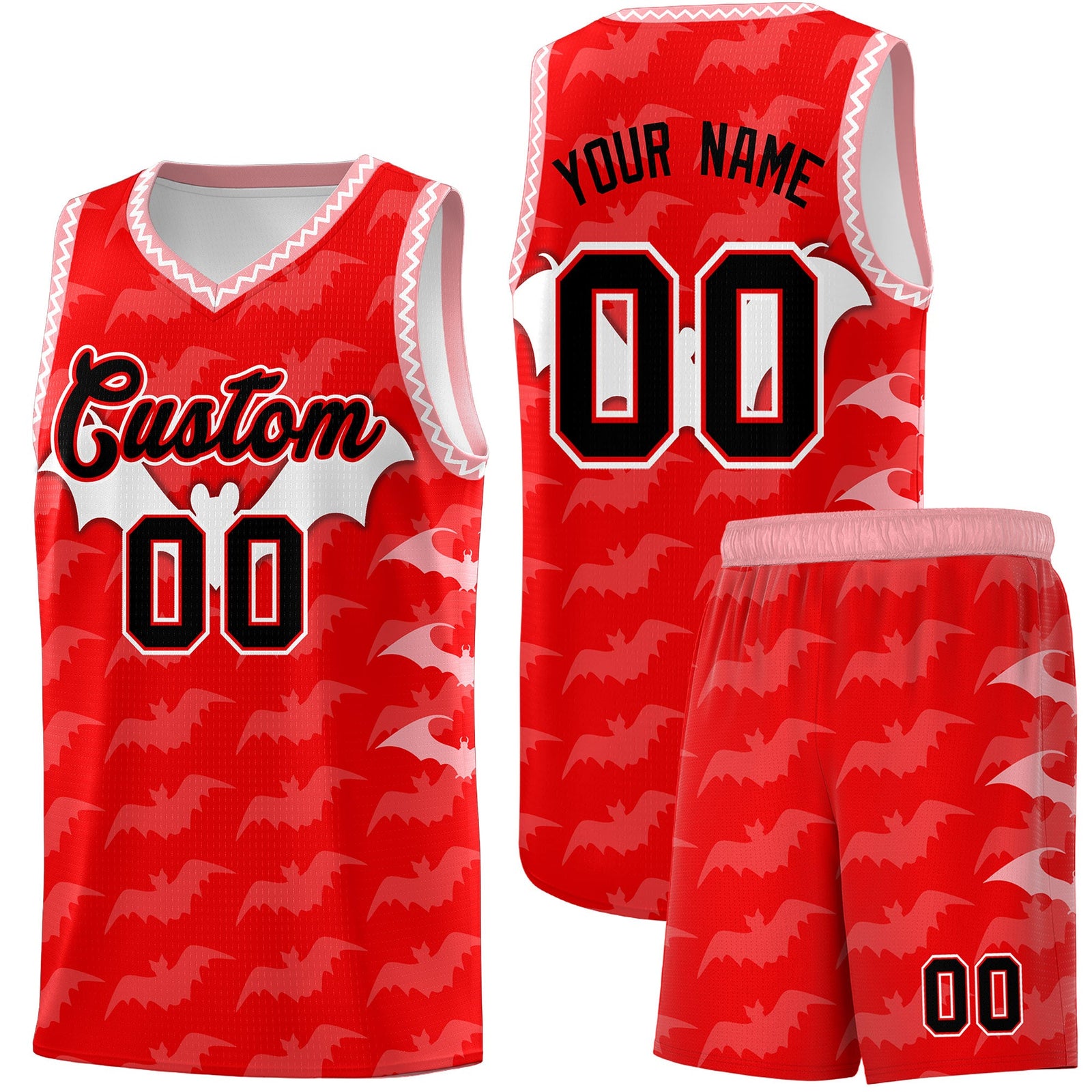 Custom Light Red White Bat Pattern Halloween Basketball Jersey | For Men,For Kid,For Youth,Sublimation Printed,Perfect for Training,Perfect for Parties,Add Name and Numbern | KXKSHOP