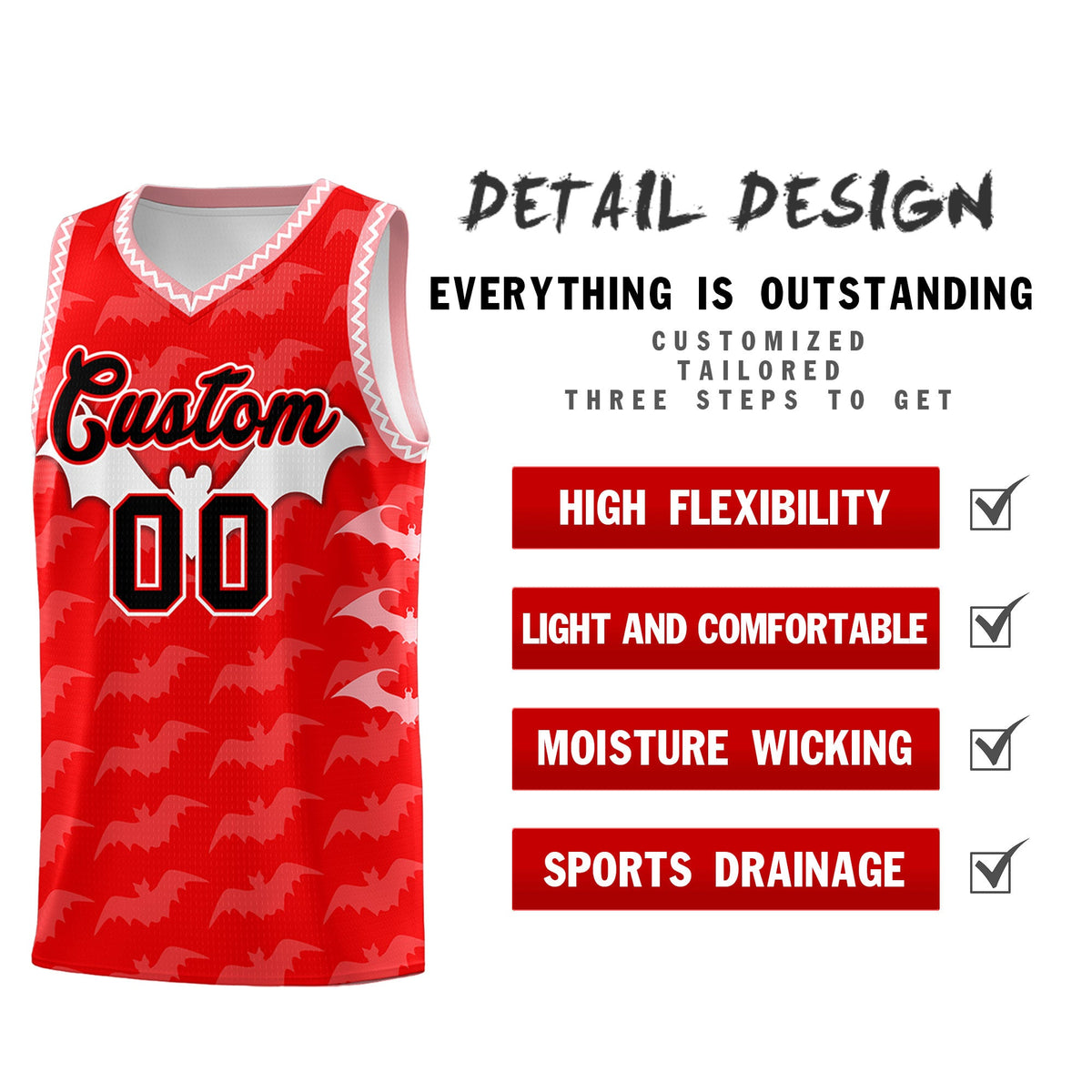 Custom Light Red White Bat Pattern Halloween Basketball Jersey | For Men,For Kid,For Youth,Sublimation Printed,Perfect for Training,Perfect for Parties,Add Name and Numbern | KXKSHOP