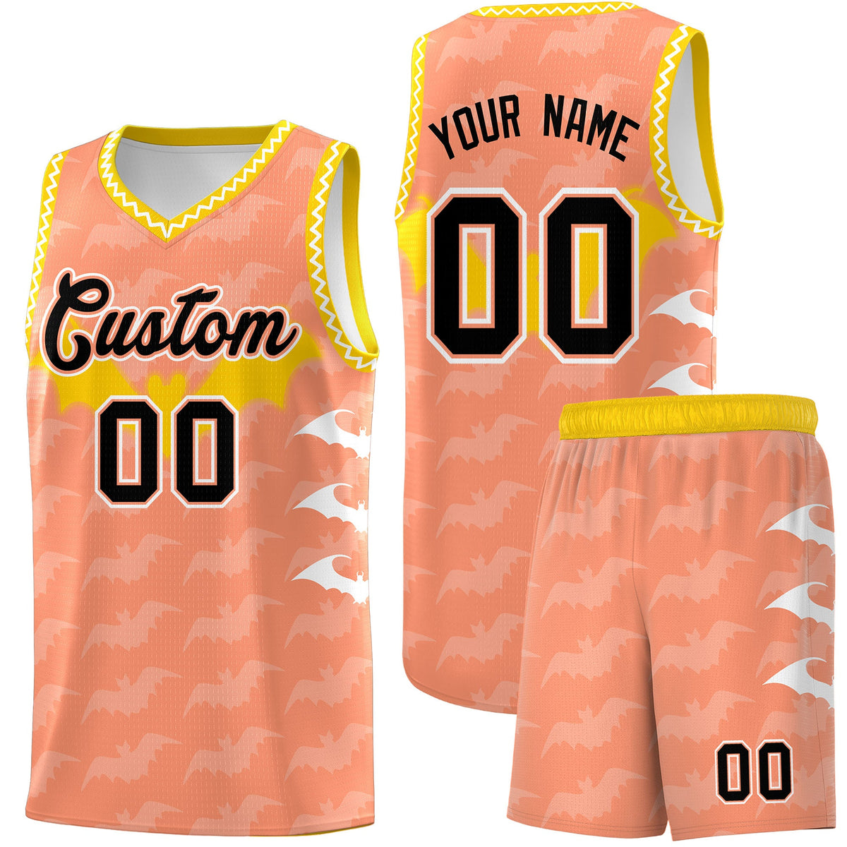 Custom Light Orange White Bat Pattern Halloween Basketball Jersey | For Men,For Kid,For Youth,Sublimation Printed,Perfect for Training,Perfect for Parties,Add Name and Numbern | KXKSHOP