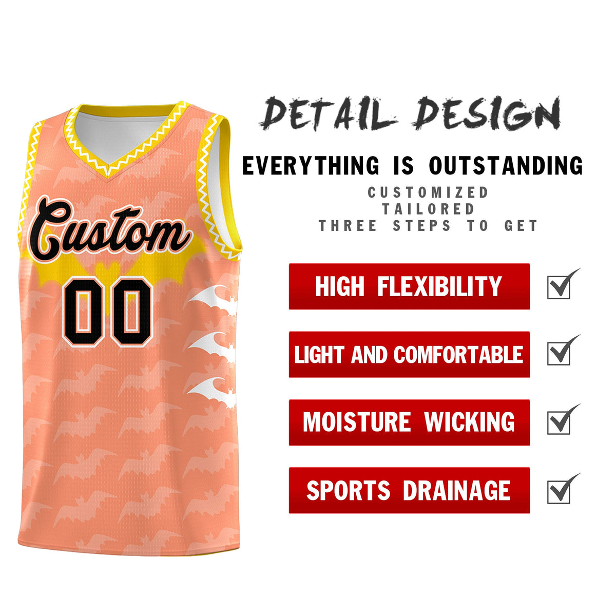 Custom Light Orange White Bat Pattern Halloween Basketball Jersey | For Men,For Kid,For Youth,Sublimation Printed,Perfect for Training,Perfect for Parties,Add Name and Numbern | KXKSHOP