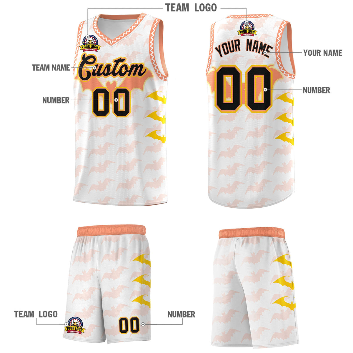 Custom White Gold Light Orange Bat Pattern Halloween Basketball Jersey | For Men,For Kid,For Youth,Sublimation Printed,Perfect for Training,Perfect for Parties,Add Name and Numbern | KXKSHOP