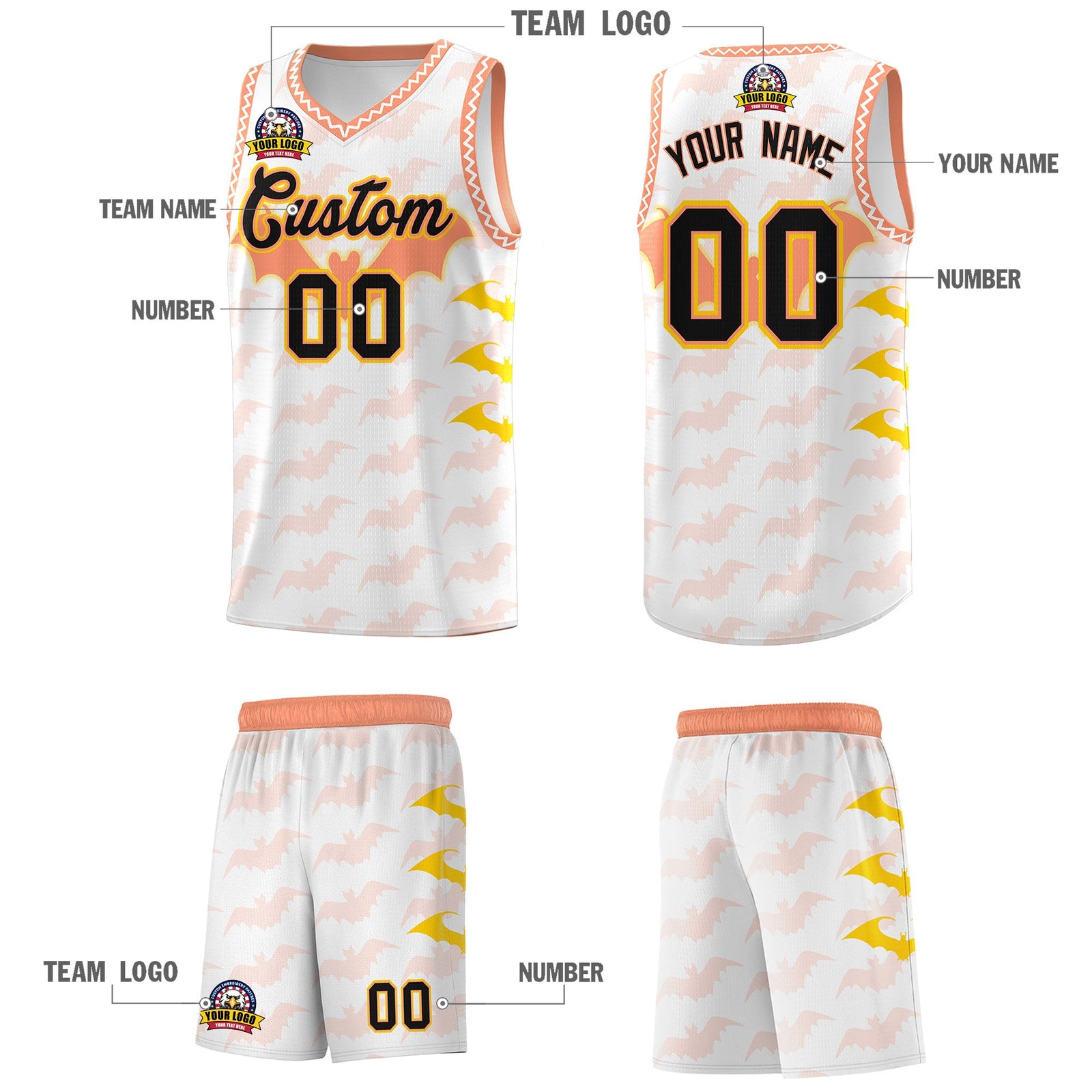 Custom White Gold Light Orange Bat Pattern Halloween Basketball Jersey | For Men,For Kid,For Youth,Sublimation Printed,Perfect for Training,Perfect for Parties,Add Name and Numbern | KXKSHOP
