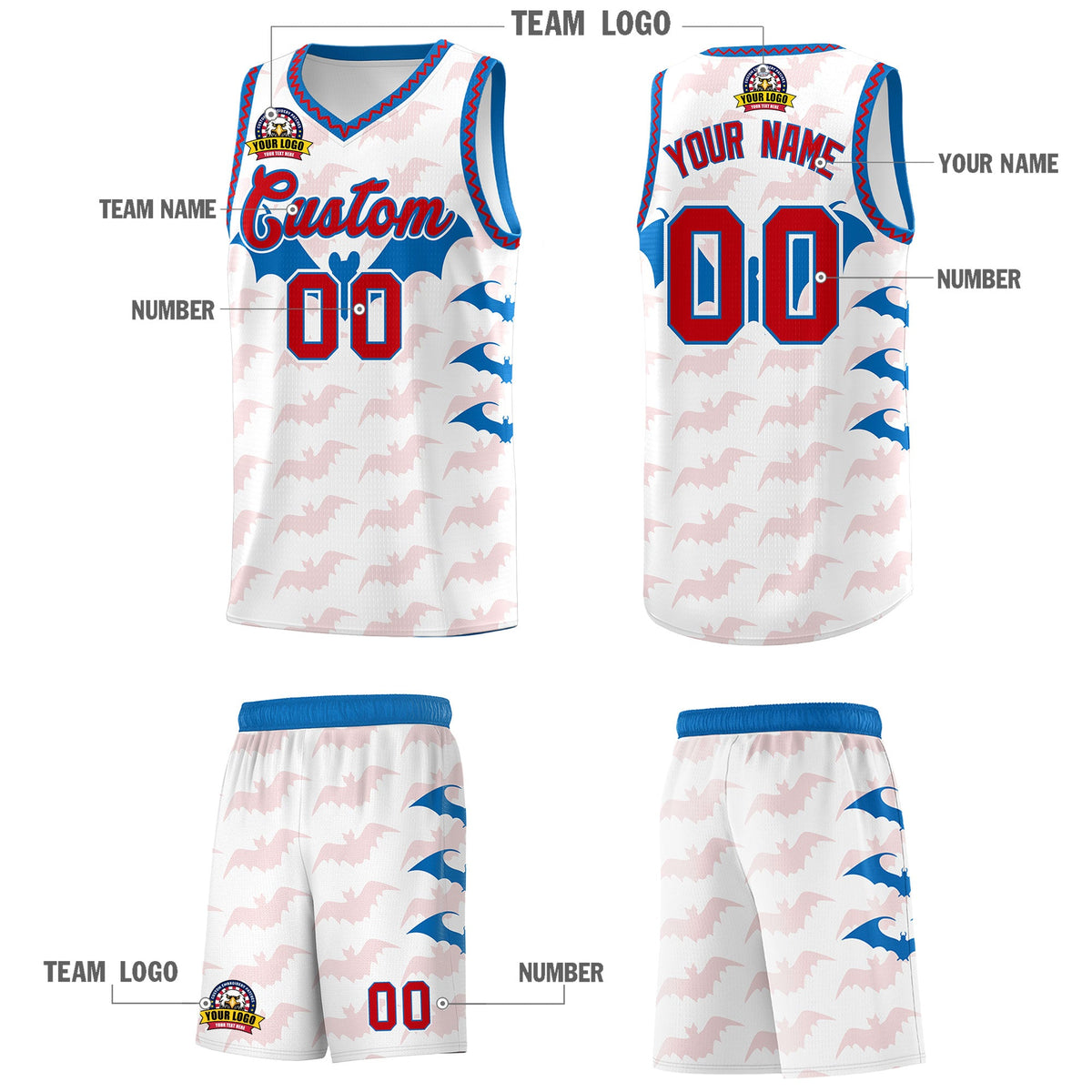 Custom White Red Royal Bat Pattern Halloween Basketball Jersey | For Men,For Kid,For Youth,Sublimation Printed,Perfect for Training,Perfect for Parties,Add Name and Numbern | KXKSHOP