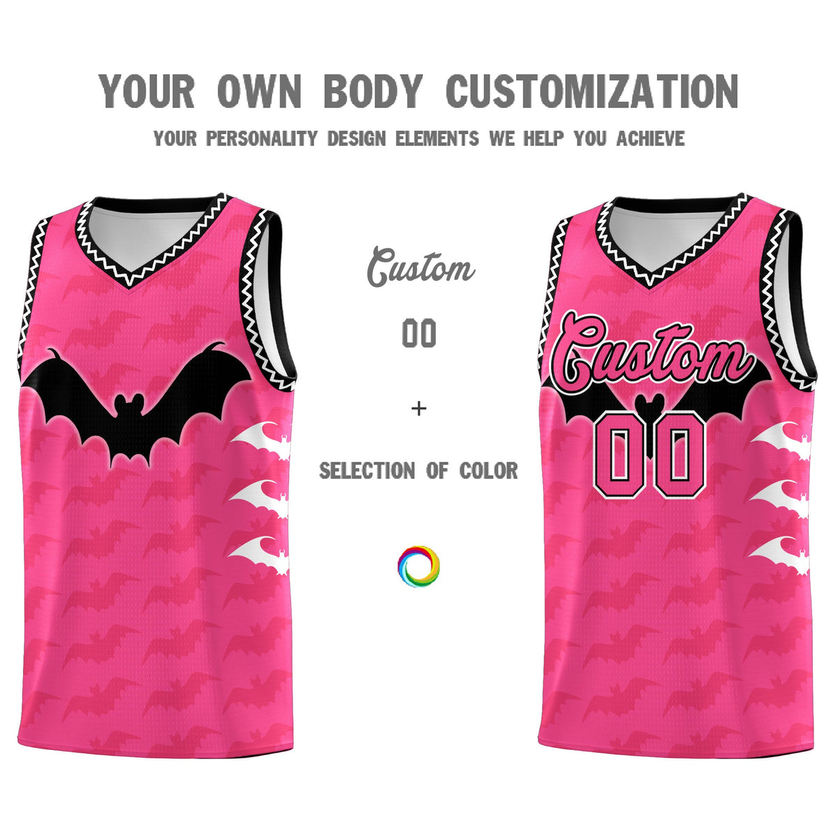 Custom Pink Black White Bat Pattern Halloween Basketball Jersey | For Men,For Kid,For Youth,Sublimation Printed,Perfect for Training,Perfect for Parties,Add Name and Numbern | KXKSHOP