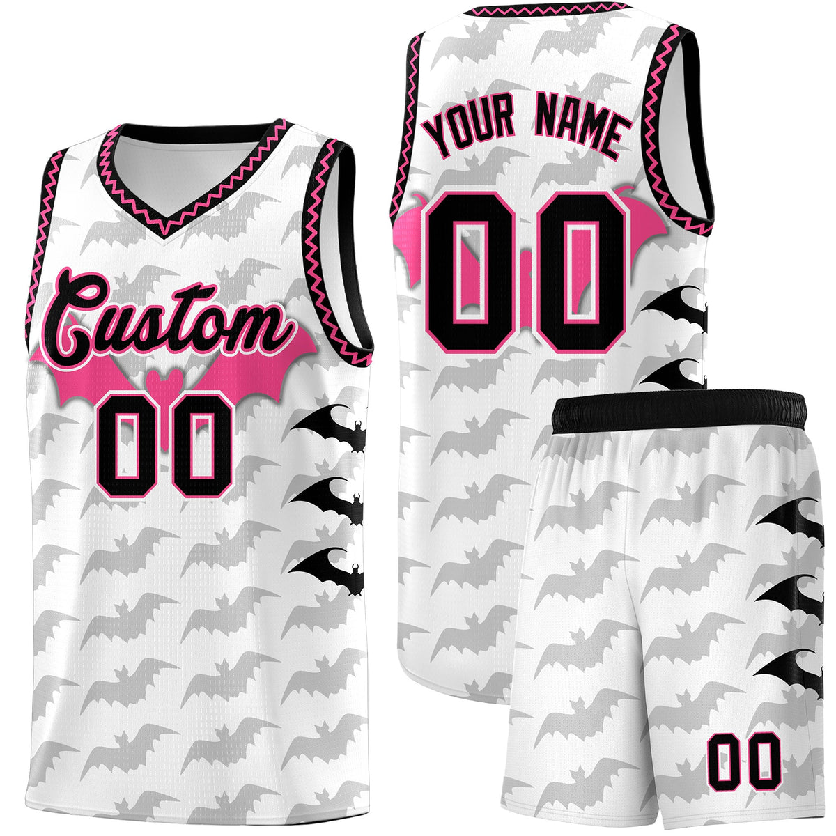 Custom White Black Pink Bat Pattern Halloween Basketball Jersey | For Men,For Kid,For Youth,Sublimation Printed,Perfect for Training,Perfect for Parties,Add Name and Numbern | KXKSHOP