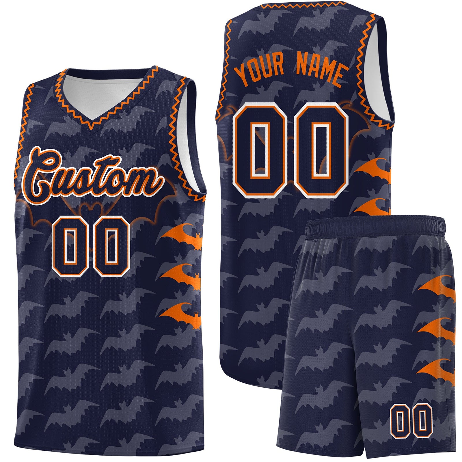 Custom Navy Orange Bat Pattern Halloween Basketball Jersey | For Men,For Kid,For Youth,Sublimation Printed,Perfect for Training,Perfect for Parties,Add Name and Numbern | KXKSHOP