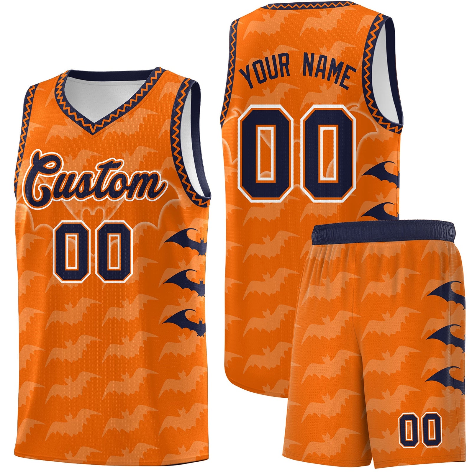 Custom Orange Navy White Bat Pattern Halloween Basketball Jersey | For Men,For Kid,For Youth,Sublimation Printed,Perfect for Training,Perfect for Parties,Add Name and Numbern | KXKSHOP