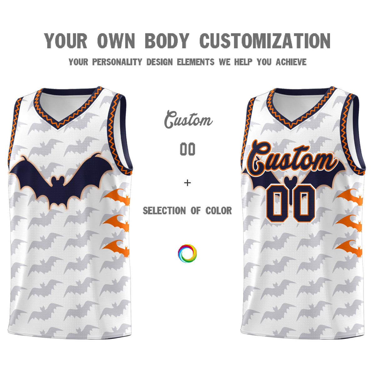 Custom White Orange Navy Bat Pattern Halloween Basketball Jersey | For Men,For Kid,For Youth,Sublimation Printed,Perfect for Training,Perfect for Parties,Add Name and Numbern | KXKSHOP