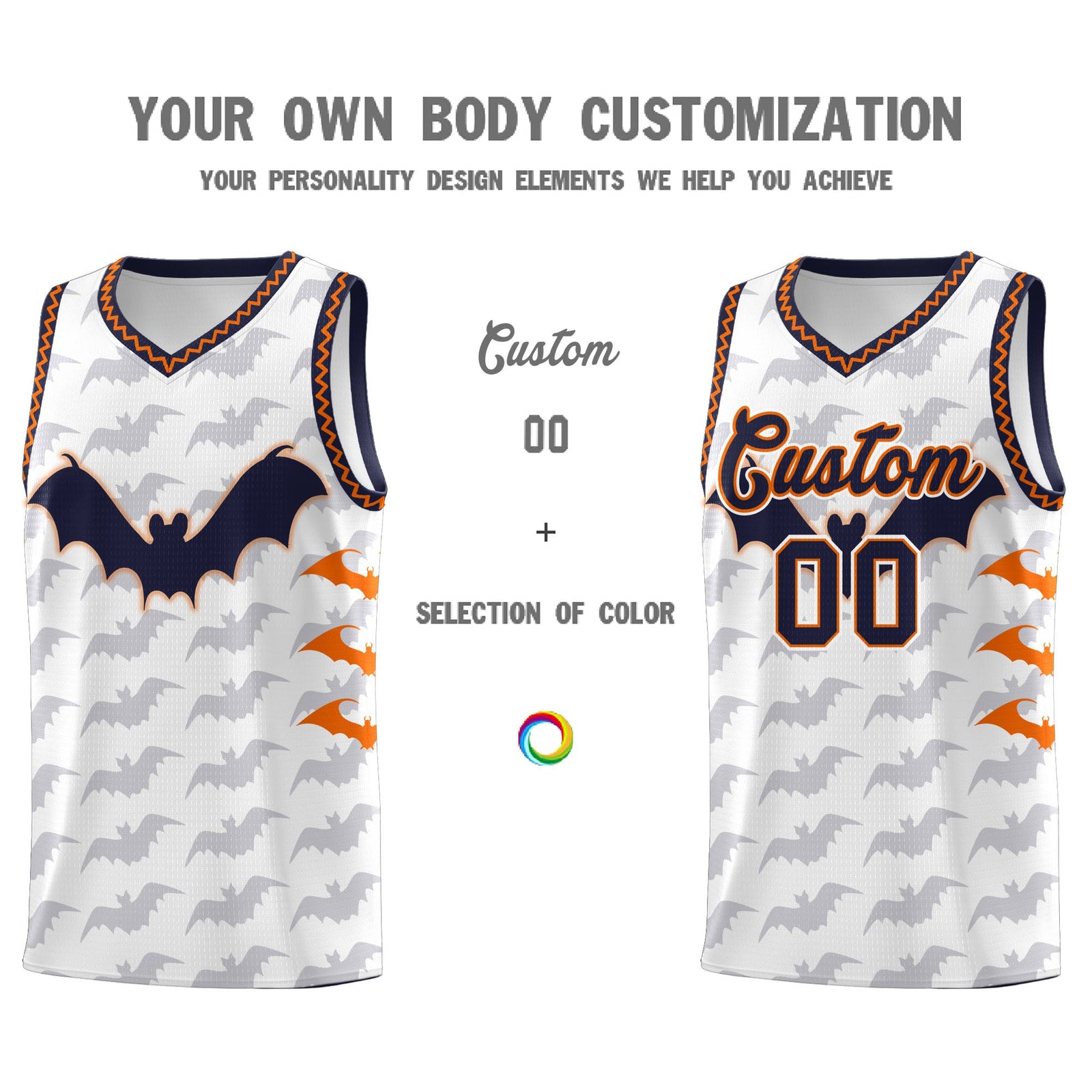 Custom White Orange Navy Bat Pattern Halloween Basketball Jersey | For Men,For Kid,For Youth,Sublimation Printed,Perfect for Training,Perfect for Parties,Add Name and Numbern | KXKSHOP