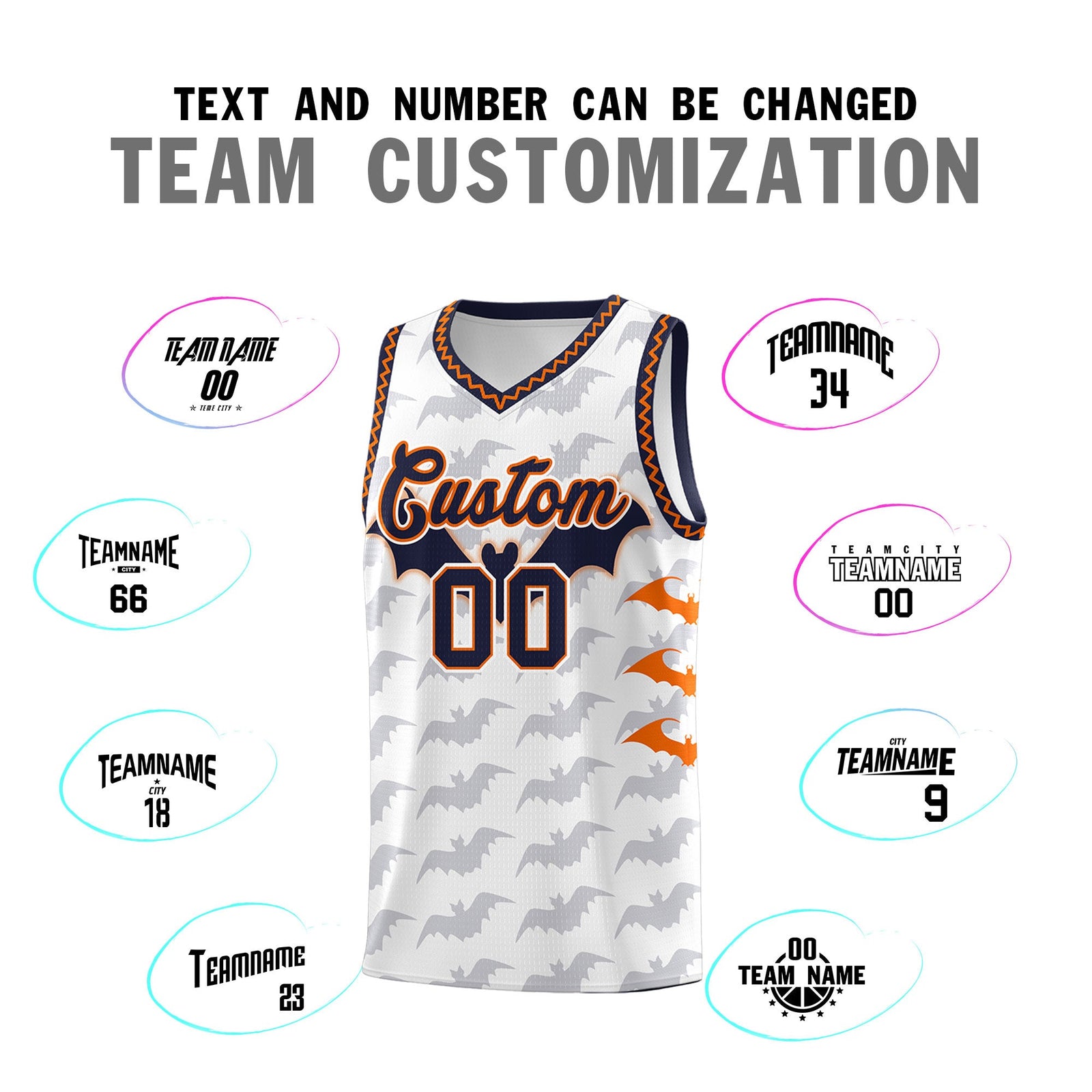 Custom White Orange Navy Bat Pattern Halloween Basketball Jersey | For Men,For Kid,For Youth,Sublimation Printed,Perfect for Training,Perfect for Parties,Add Name and Numbern | KXKSHOP