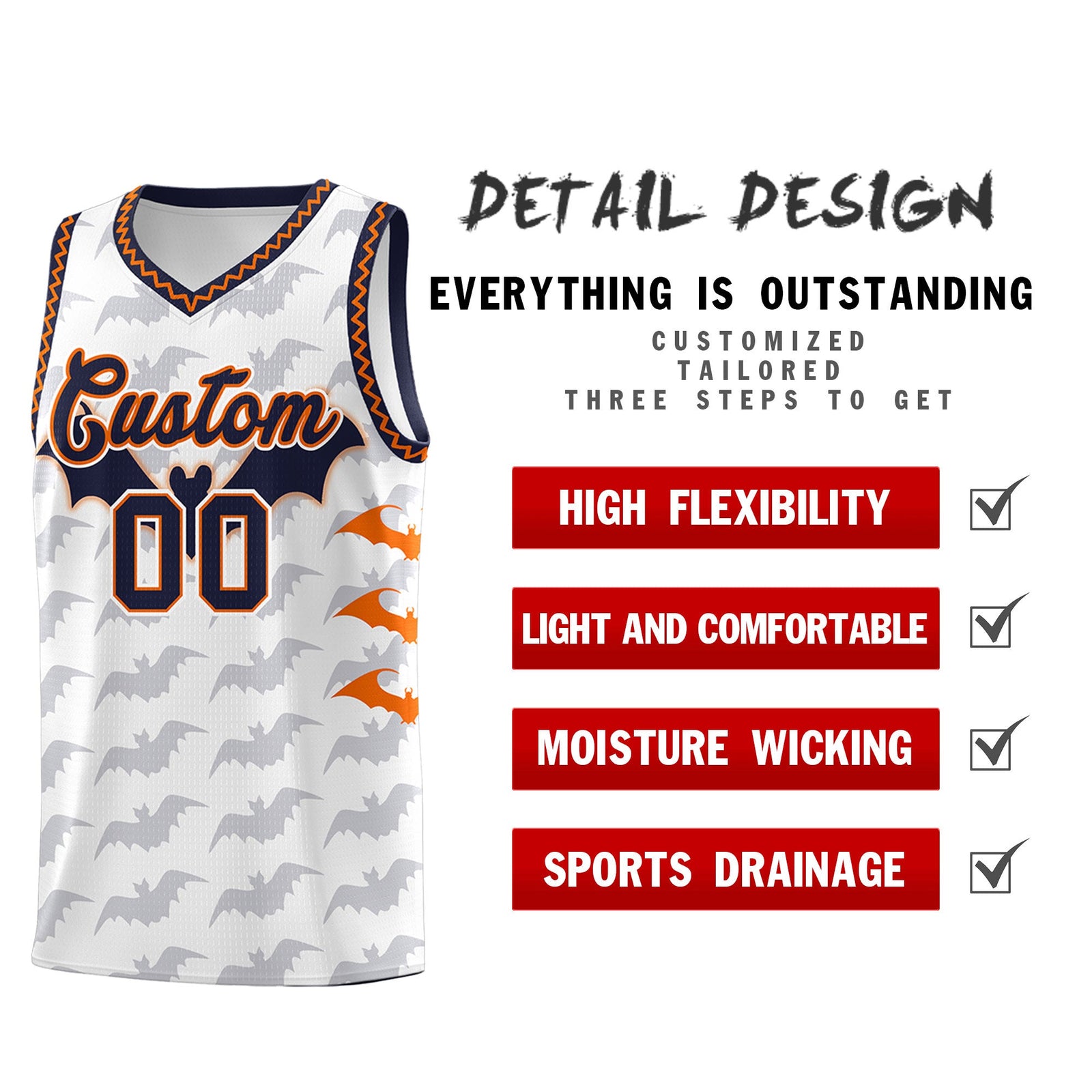 Custom White Orange Navy Bat Pattern Halloween Basketball Jersey | For Men,For Kid,For Youth,Sublimation Printed,Perfect for Training,Perfect for Parties,Add Name and Numbern | KXKSHOP