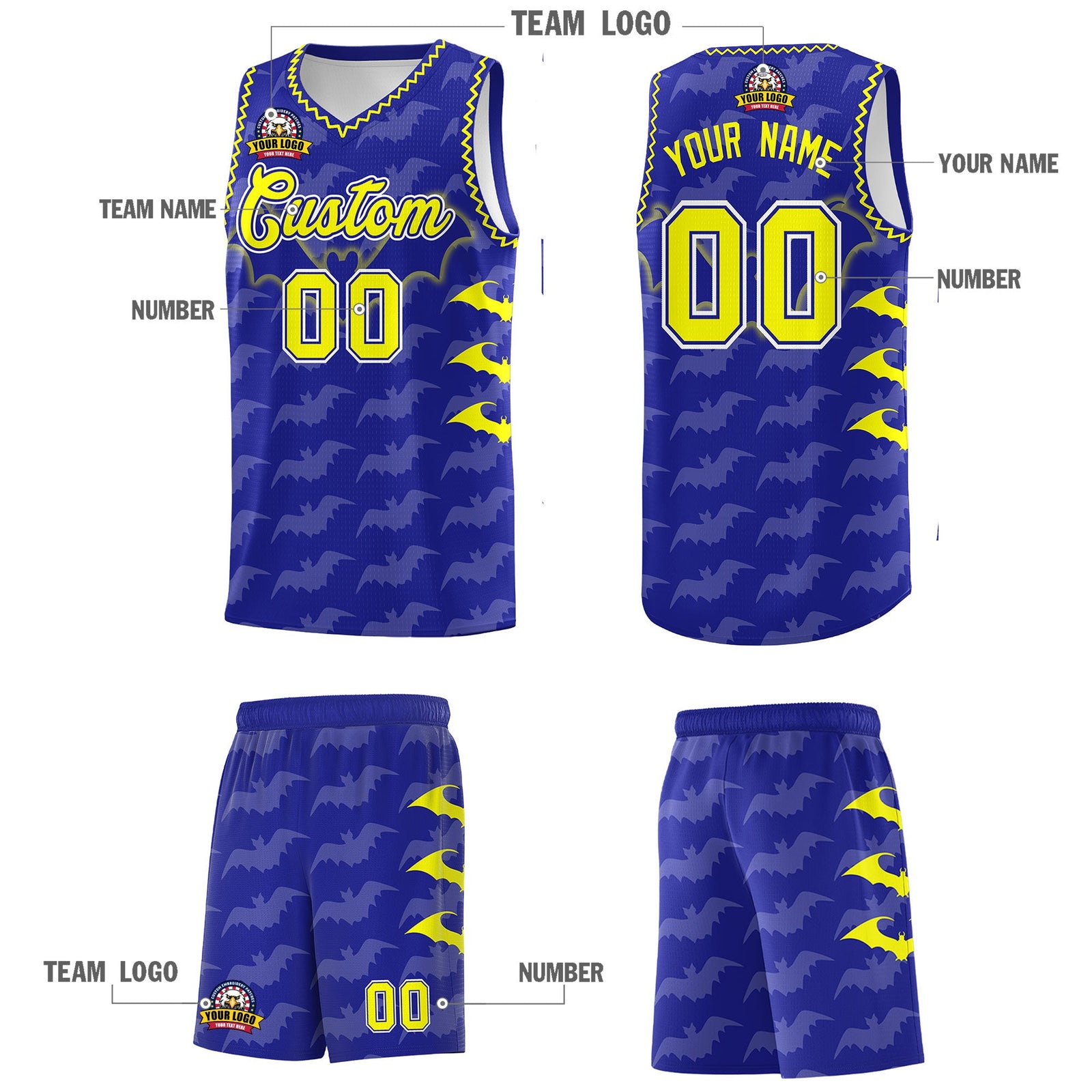 Custom Royal Fluorescent Yellow Bat Pattern Halloween Basketball Jersey | For Men,For Kid,For Youth,Sublimation Printed,Perfect for Training,Perfect for Parties,Add Name and Numbern | KXKSHOP