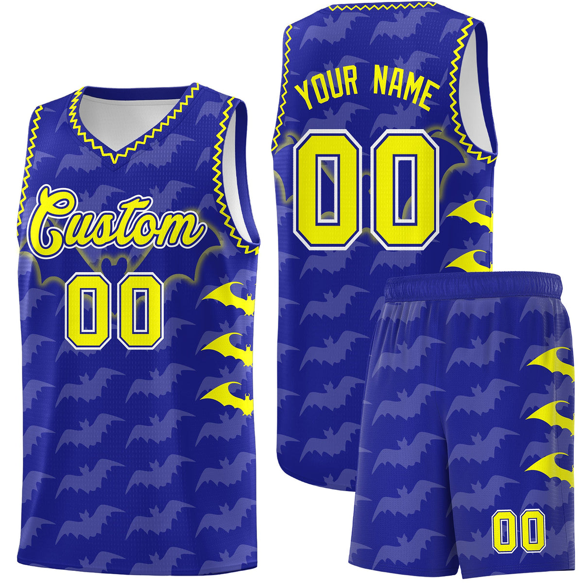 Custom Royal Fluorescent Yellow Bat Pattern Halloween Basketball Jersey | For Men,For Kid,For Youth,Sublimation Printed,Perfect for Training,Perfect for Parties,Add Name and Numbern | KXKSHOP
