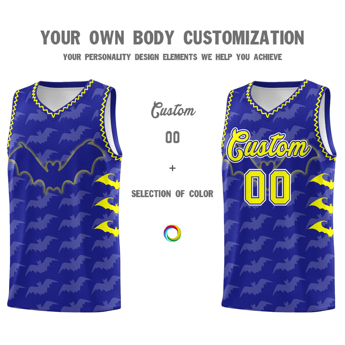 Custom Royal Fluorescent Yellow Bat Pattern Halloween Basketball Jersey | For Men,For Kid,For Youth,Sublimation Printed,Perfect for Training,Perfect for Parties,Add Name and Numbern | KXKSHOP