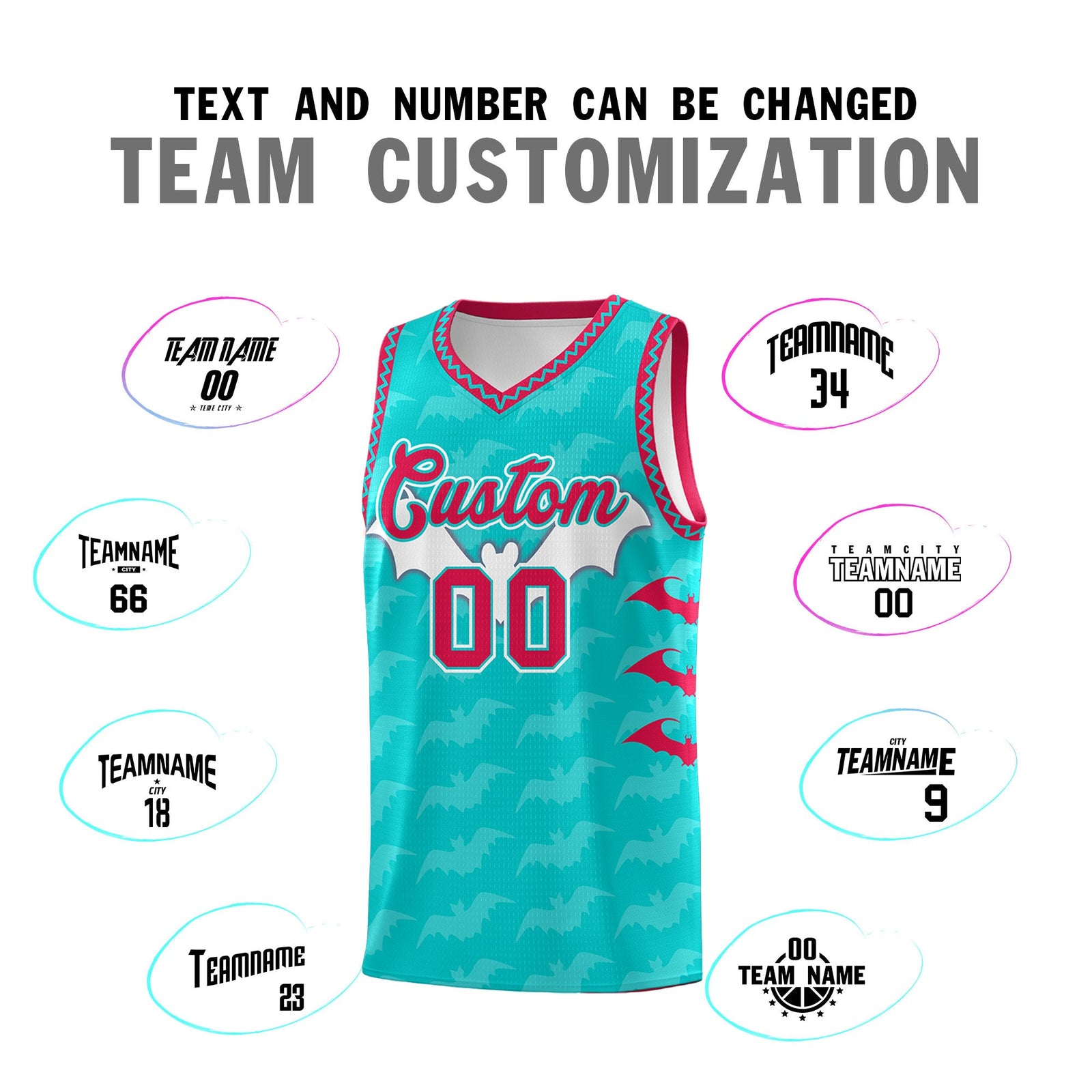 Custom Aqua White Red Bat Pattern Halloween Basketball Jersey | For Men,For Kid,For Youth,Sublimation Printed,Perfect for Training,Perfect for Parties,Add Name and Numbern | KXKSHOP