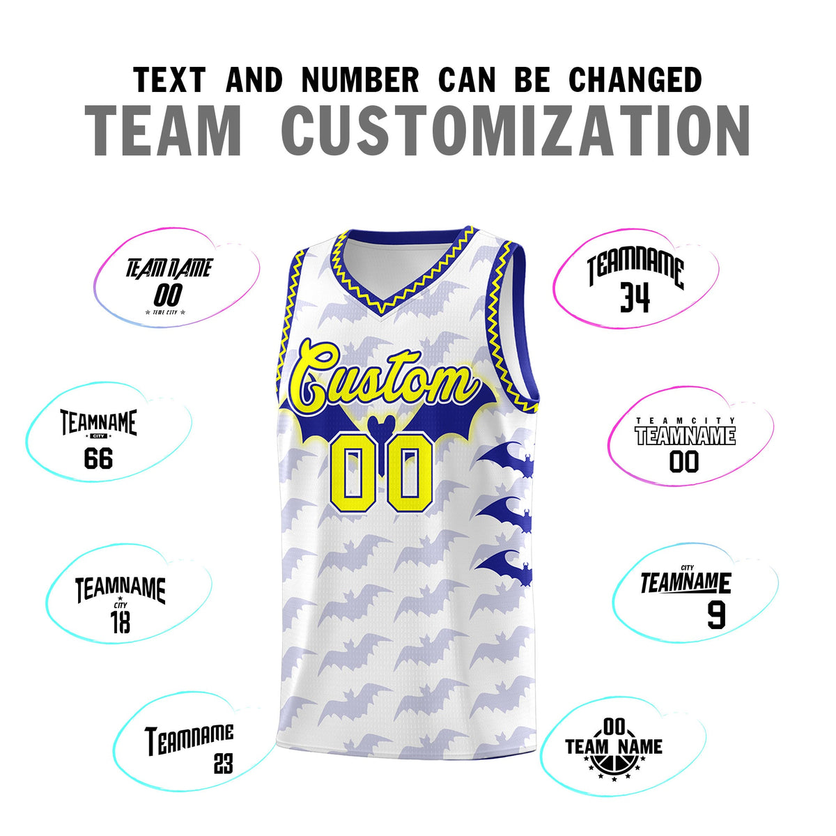 Custom White Fluorescent Yellow Bat Pattern Halloween Basketball Jersey | For Men,For Kid,For Youth,Sublimation Printed,Perfect for Training,Perfect for Parties,Add Name and Numbern | KXKSHOP