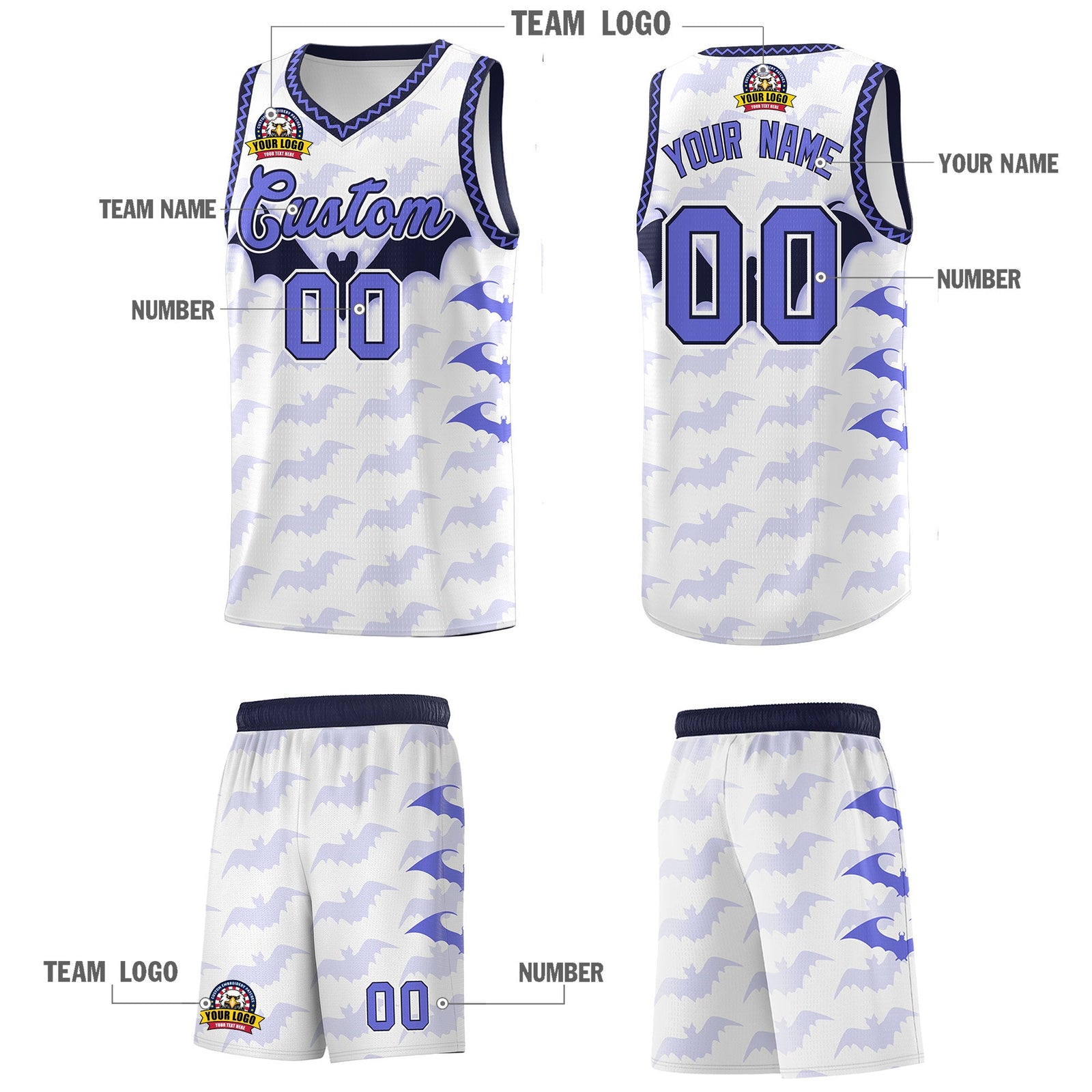 Custom White Purple Navy Bat Pattern Halloween Basketball Jersey | For Men,For Kid,For Youth,Sublimation Printed,Perfect for Training,Perfect for Parties,Add Name and Numbern | KXKSHOP