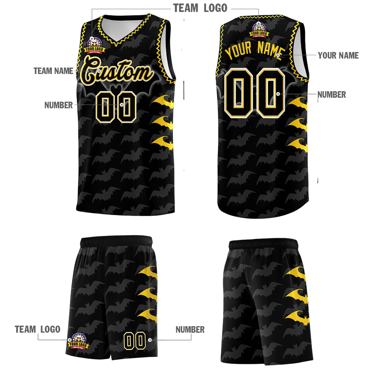 Custom Black Gold Bat Pattern Halloween Basketball Jersey | For Men,For Kid,For Youth,Sublimation Printed,Perfect for Training,Perfect for Parties,Add Name and Numbern | KXKSHOP