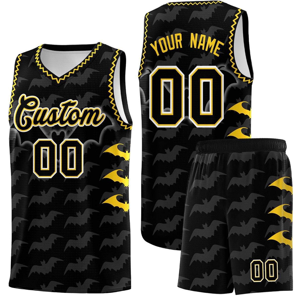Custom Black Gold Bat Pattern Halloween Basketball Jersey | For Men,For Kid,For Youth,Sublimation Printed,Perfect for Training,Perfect for Parties,Add Name and Numbern | KXKSHOP