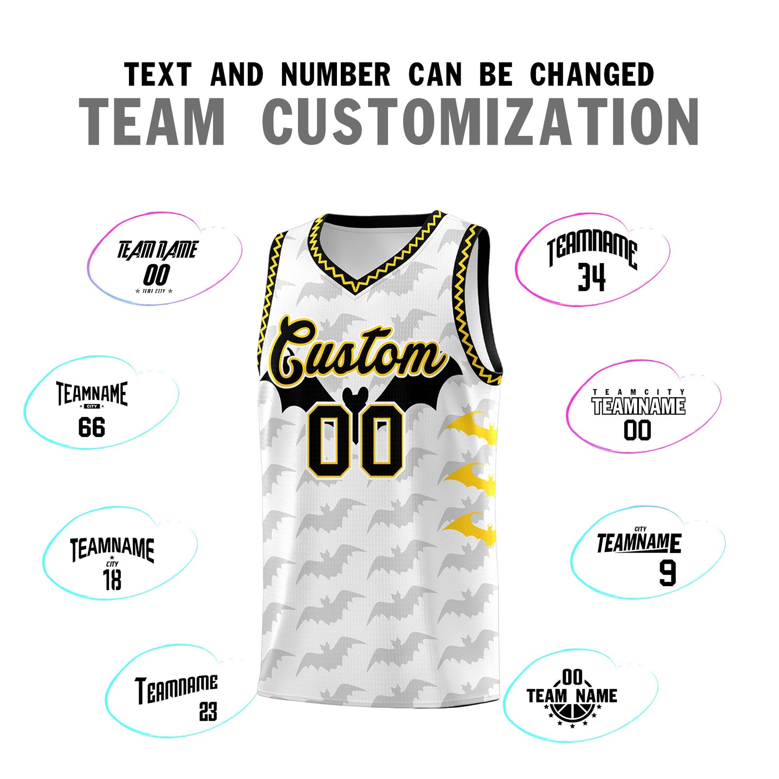 Custom White Gold Black Bat Pattern Halloween Basketball Jersey | For Men,For Kid,For Youth,Sublimation Printed,Perfect for Training,Perfect for Parties,Add Name and Numbern | KXKSHOP