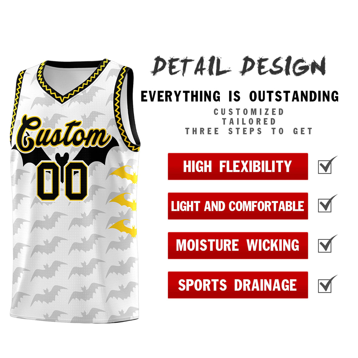 Custom White Gold Black Bat Pattern Halloween Basketball Jersey | For Men,For Kid,For Youth,Sublimation Printed,Perfect for Training,Perfect for Parties,Add Name and Numbern | KXKSHOP