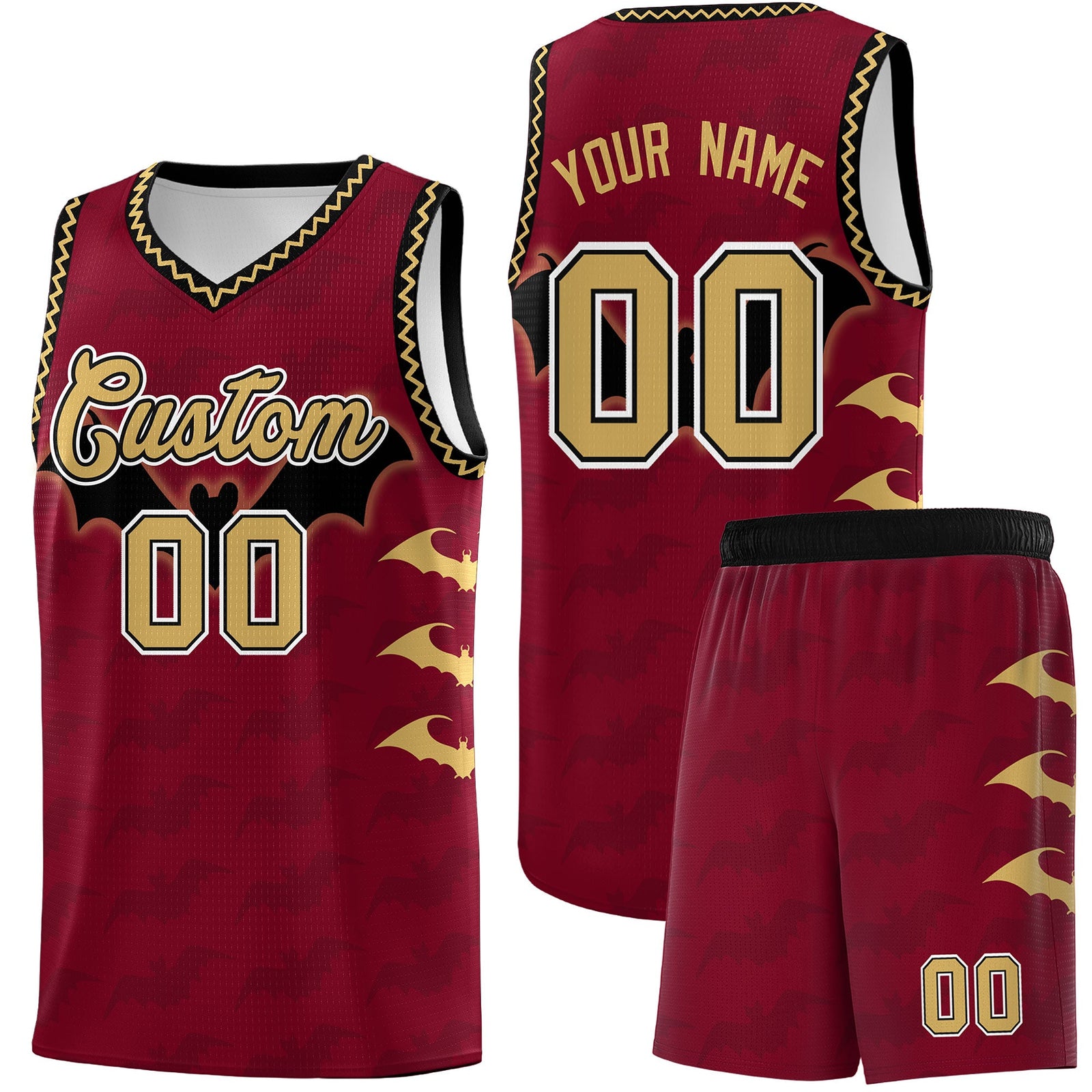 Custom Crimson Old Gold Bat Pattern Halloween Basketball Jersey | For Men,For Kid,For Youth,Sublimation Printed,Perfect for Training,Perfect for Parties,Add Name and Numbern | KXKSHOP
