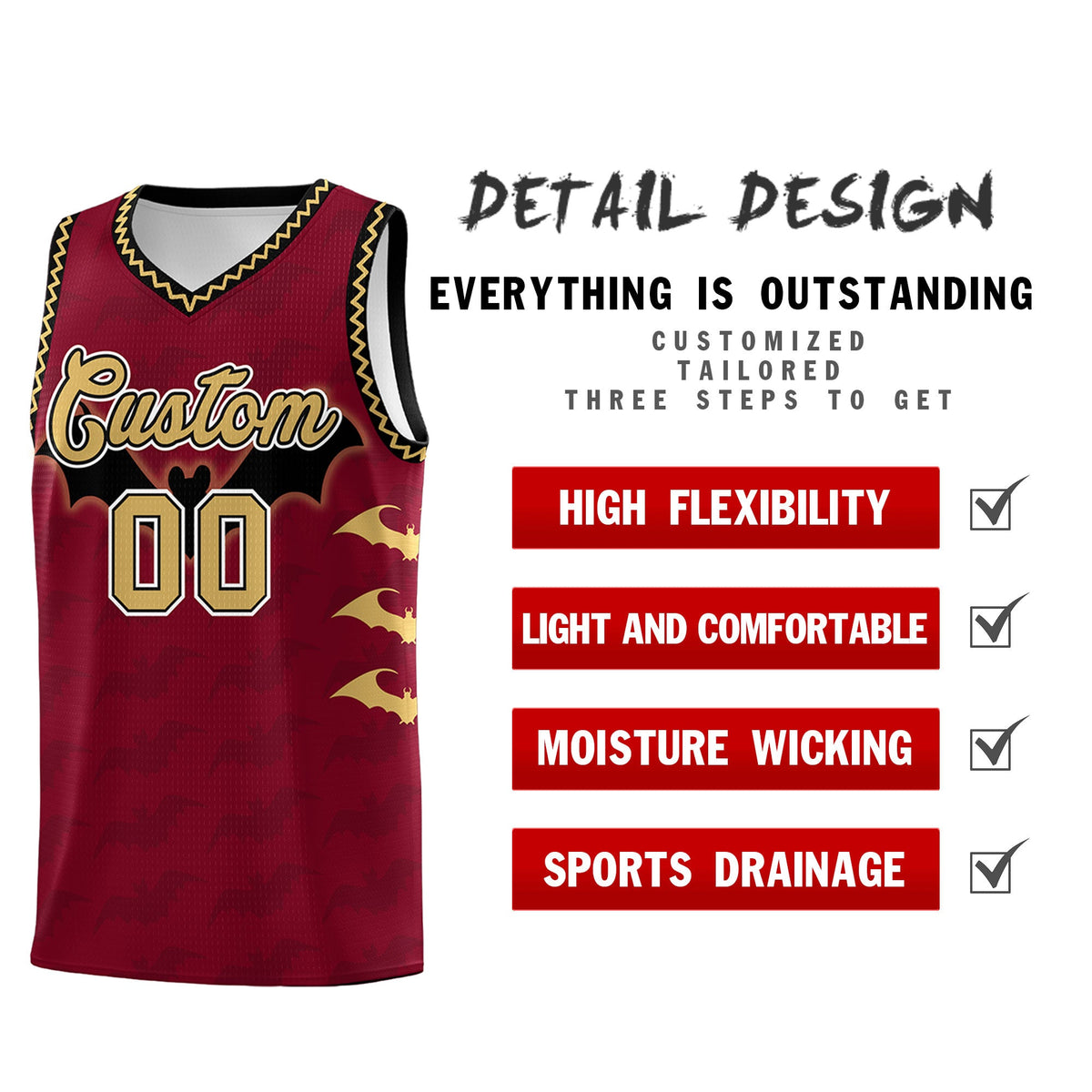 Custom Crimson Old Gold Bat Pattern Halloween Basketball Jersey | For Men,For Kid,For Youth,Sublimation Printed,Perfect for Training,Perfect for Parties,Add Name and Numbern | KXKSHOP