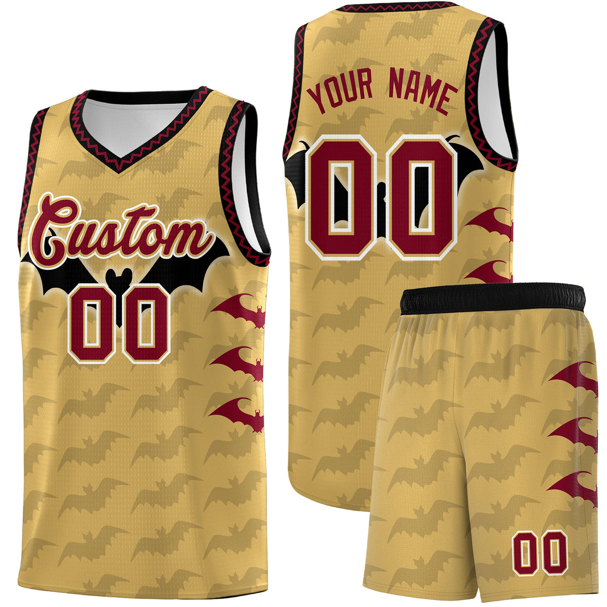 Custom Old Gold Crimson Bat Pattern Halloween Basketball Jersey | For Men,For Kid,For Youth,Sublimation Printed,Perfect for Training,Perfect for Parties,Add Name and Numbern | KXKSHOP