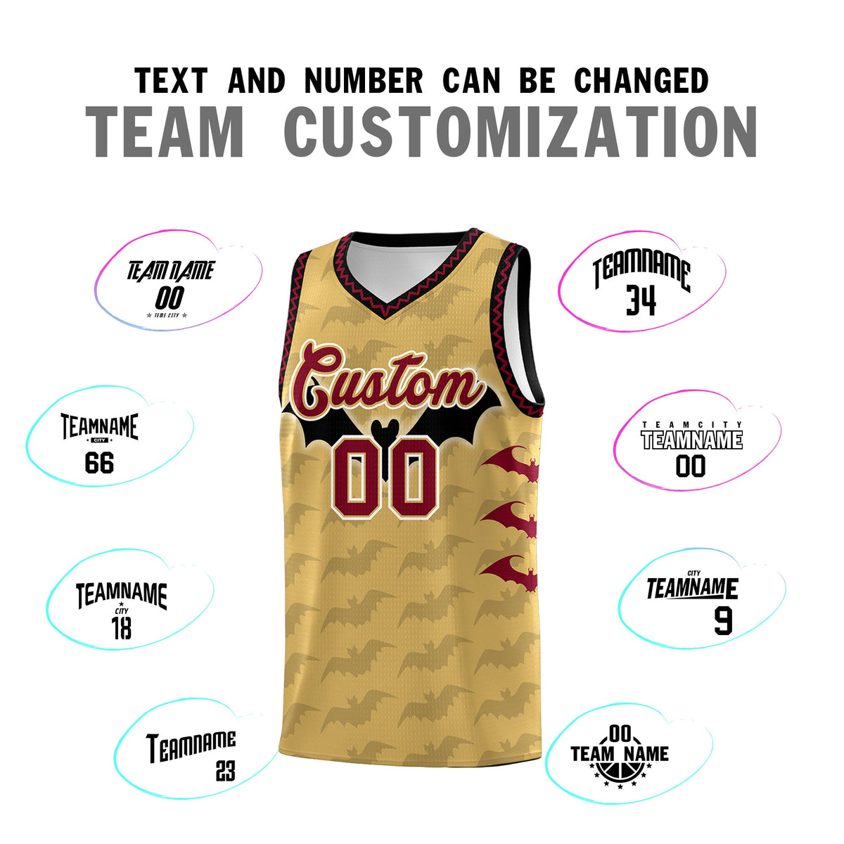 Custom Old Gold Crimson Bat Pattern Halloween Basketball Jersey | For Men,For Kid,For Youth,Sublimation Printed,Perfect for Training,Perfect for Parties,Add Name and Numbern | KXKSHOP