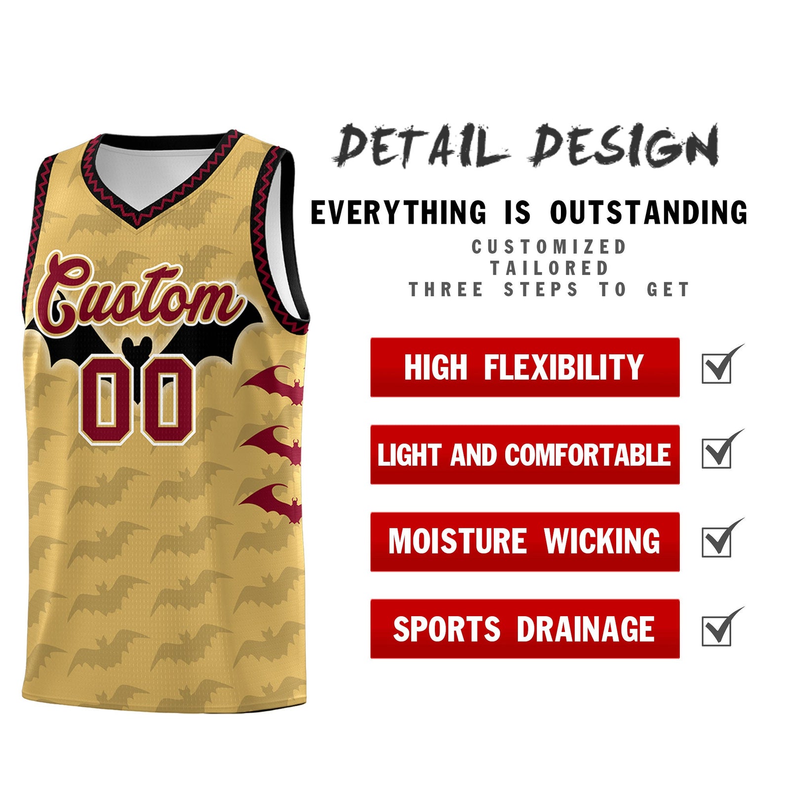 Custom Old Gold Crimson Bat Pattern Halloween Basketball Jersey | For Men,For Kid,For Youth,Sublimation Printed,Perfect for Training,Perfect for Parties,Add Name and Numbern | KXKSHOP
