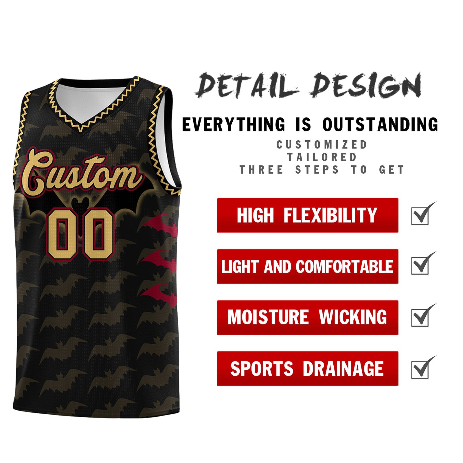 Custom Black Old Gold Crimson Bat Pattern Halloween Basketball Jersey | For Men,For Kid,For Youth,Sublimation Printed,Perfect for Training,Perfect for Parties,Add Name and Numbern | KXKSHOP