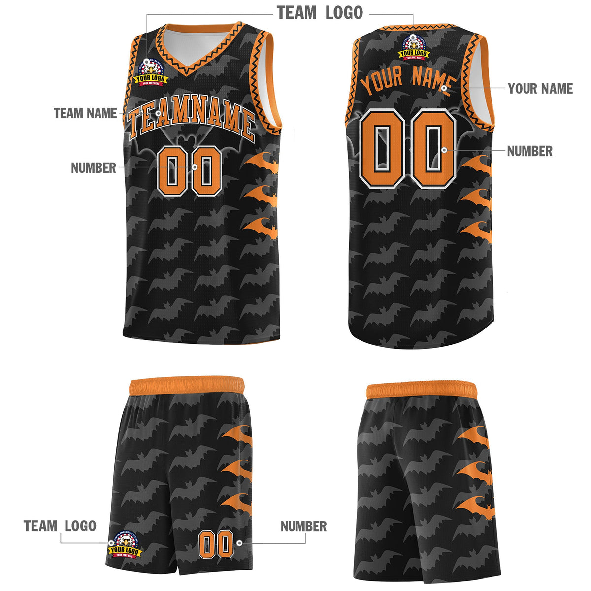 Custom Black Gold Orange Bat Pattern Halloween Basketball Jersey | For Men,For Kid,For Youth,Sublimation Printed,Perfect for Training,Perfect for Parties,Add Name and Numbern | KXKSHOP