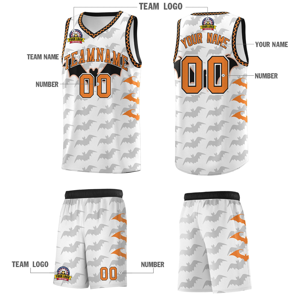 Custom White Black Bat Pattern Halloween Basketball Jersey | For Men,For Kid,For Youth,Sublimation Printed,Perfect for Training,Perfect for Parties,Add Name and Numbern | KXKSHOP