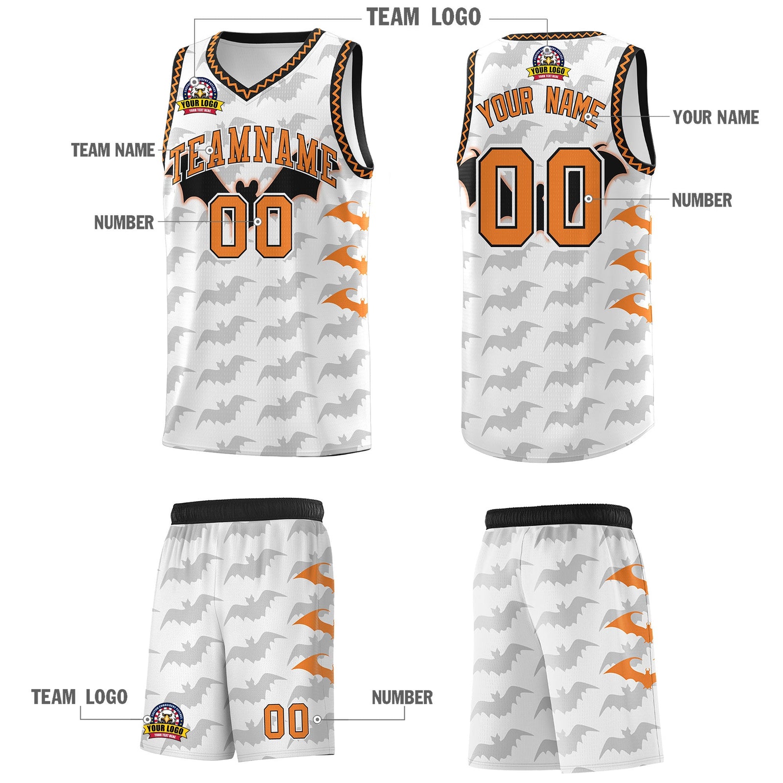 Custom White Black Bat Pattern Halloween Basketball Jersey | For Men,For Kid,For Youth,Sublimation Printed,Perfect for Training,Perfect for Parties,Add Name and Numbern | KXKSHOP