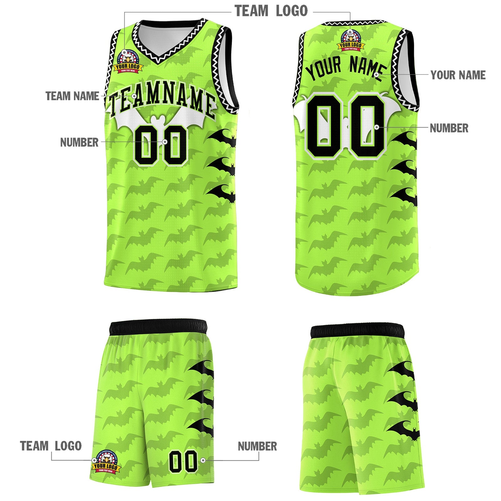 Custom Fluorescent Green White Bat Pattern Halloween Basketball Jersey | For Men,For Kid,For Youth,Sublimation Printed,Perfect for Training,Perfect for Parties,Add Name and Numbern | KXKSHOP