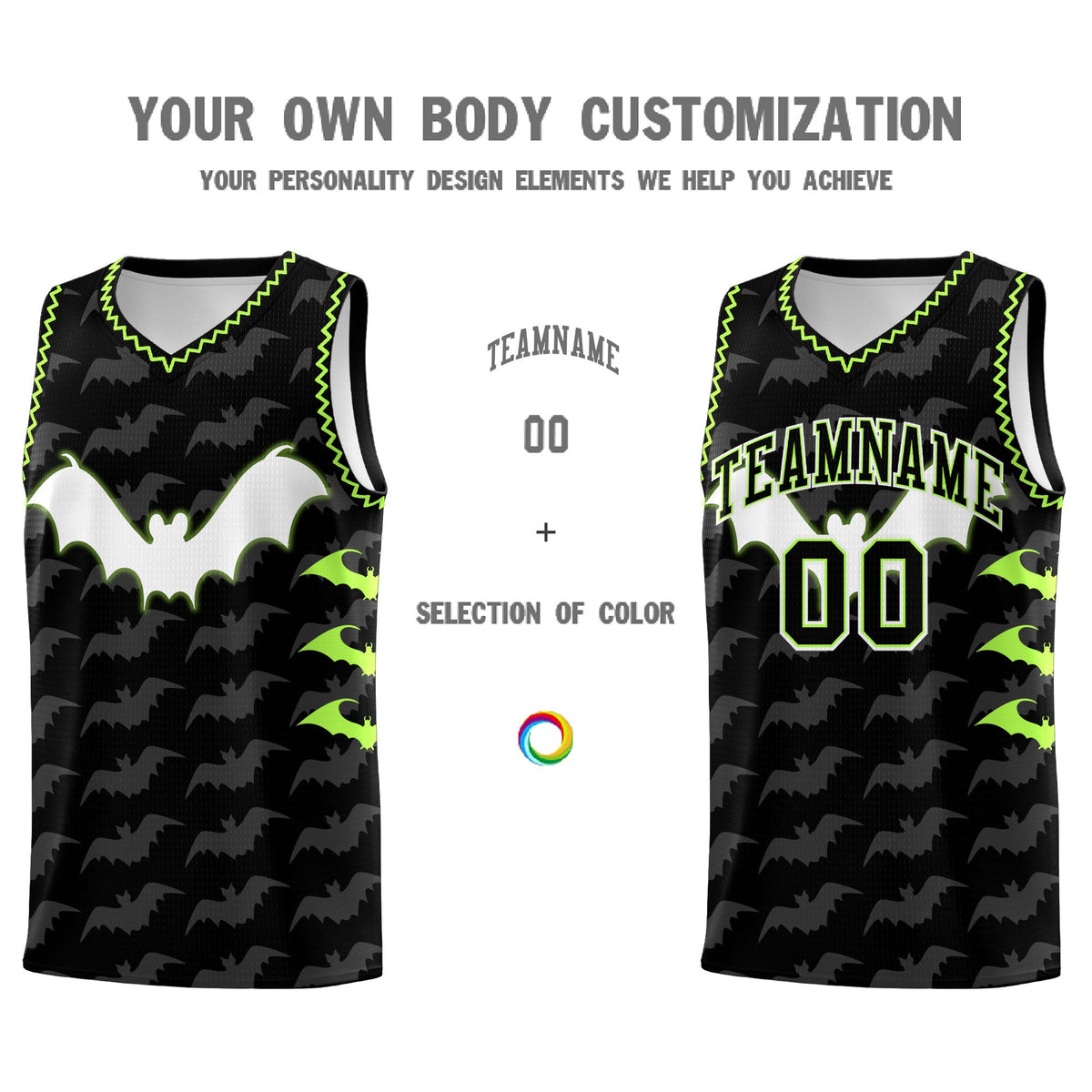 Custom Black Fluorescent Green Bat Pattern Halloween Basketball Jersey | For Men,For Kid,For Youth,Sublimation Printed,Perfect for Training,Perfect for Parties,Add Name and Numbern | KXKSHOP
