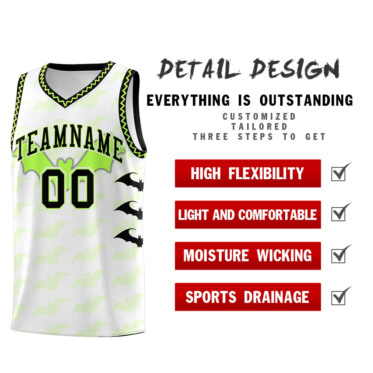 Custom White Fluorescent Green Black Bat Pattern Halloween Basketball Jersey | For Men,For Kid,For Youth,Sublimation Printed,Perfect for Training,Perfect for Parties,Add Name and Numbern | KXKSHOP
