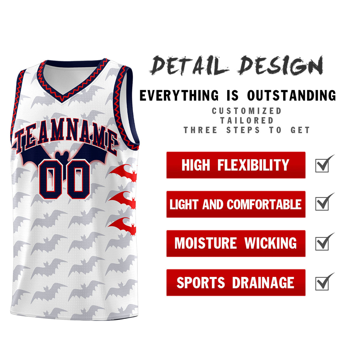 Custom White Red Navy Bat Pattern Halloween Basketball Jersey | For Men,For Kid,For Youth,Sublimation Printed,Perfect for Training,Perfect for Parties,Add Name and Numbern | KXKSHOP