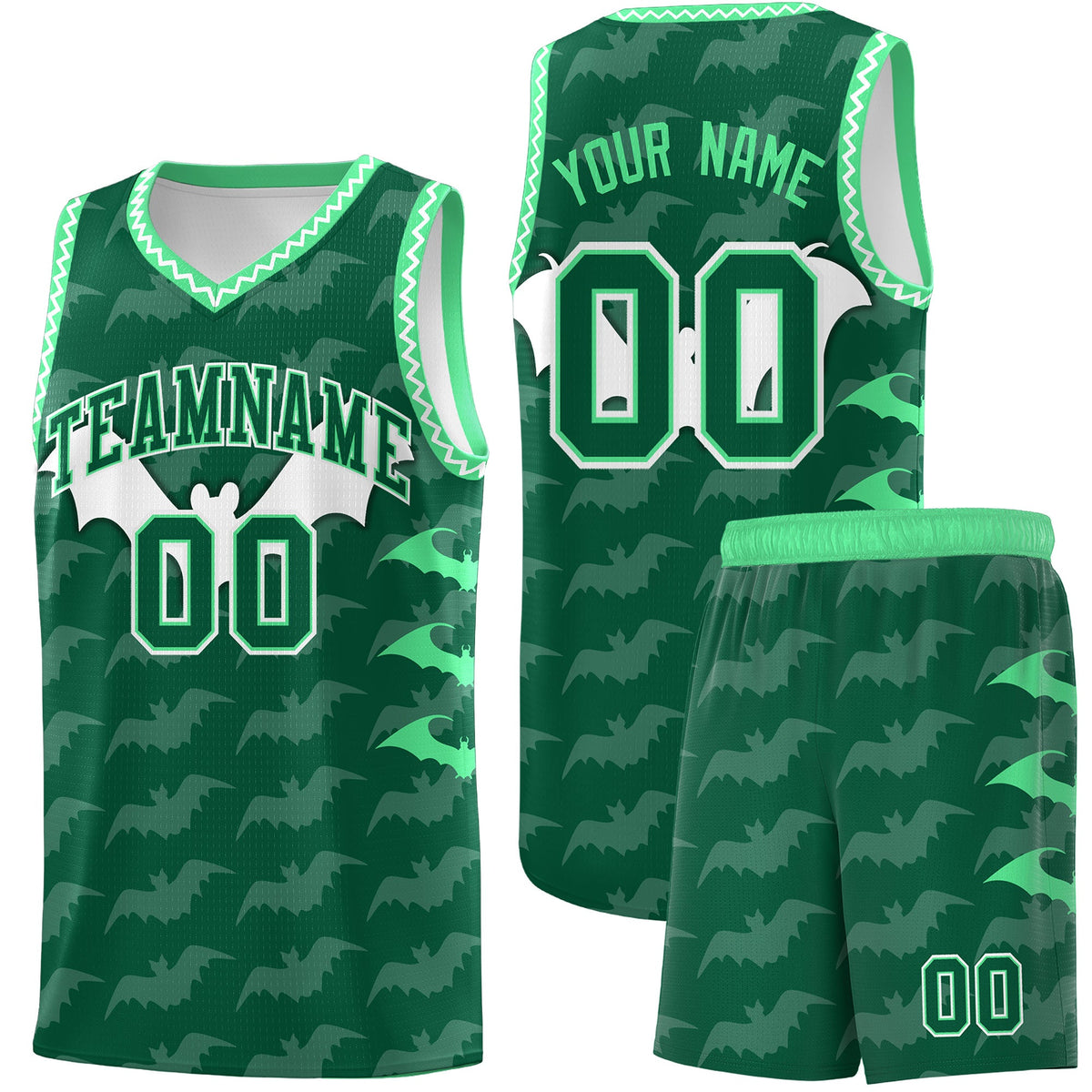 Custom Kelly Green White Green Bat Pattern Halloween Basketball Jersey | For Men,For Kid,For Youth,Sublimation Printed,Perfect for Training,Perfect for Parties,Add Name and Numbern | KXKSHOP