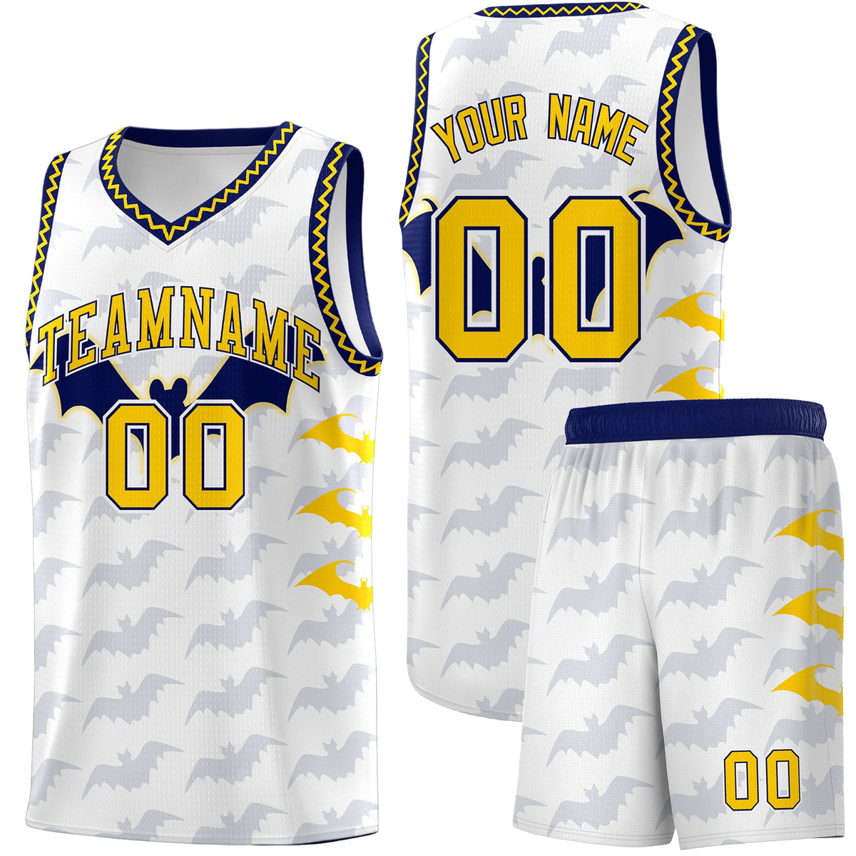 Custom White Gold Navy Bat Pattern Halloween Basketball Jersey | For Men,For Kid,For Youth,Sublimation Printed,Perfect for Training,Perfect for Parties,Add Name and Numbern | KXKSHOP