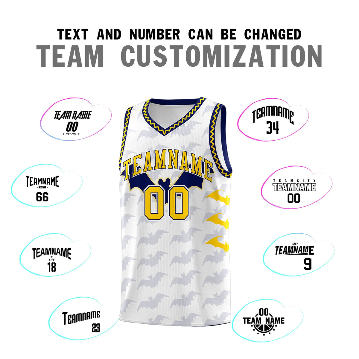 Custom White Gold Navy Bat Pattern Halloween Basketball Jersey | For Men,For Kid,For Youth,Sublimation Printed,Perfect for Training,Perfect for Parties,Add Name and Numbern | KXKSHOP