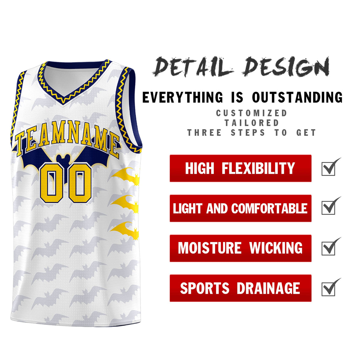 Custom White Gold Navy Bat Pattern Halloween Basketball Jersey | For Men,For Kid,For Youth,Sublimation Printed,Perfect for Training,Perfect for Parties,Add Name and Numbern | KXKSHOP