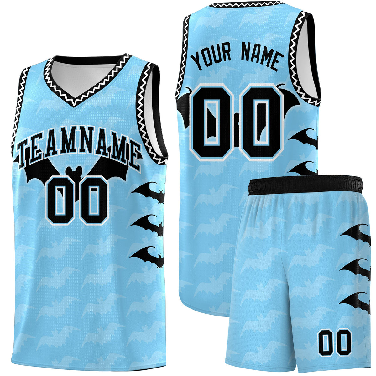 Custom Light Blue White Black Bat Pattern Halloween Basketball Jersey | For Men,For Kid,For Youth,Sublimation Printed,Perfect for Training,Perfect for Parties,Add Name and Numbern | KXKSHOP