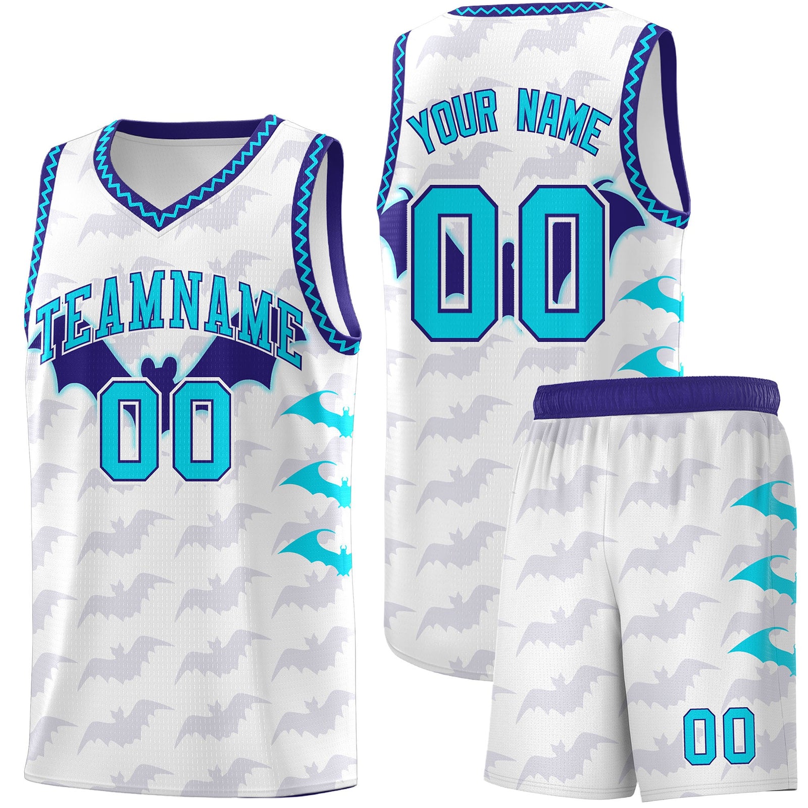Custom White Sky Blue Bat Pattern Halloween Basketball Jersey | For Men,For Kid,For Youth,Sublimation Printed,Perfect for Training,Perfect for Parties,Add Name and Numbern | KXKSHOP
