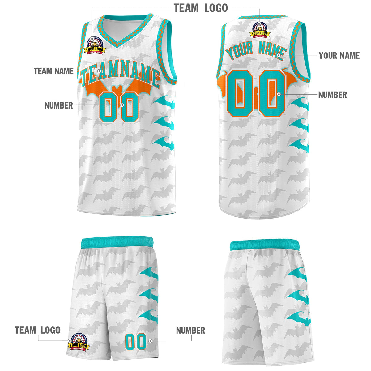Custom White Orange Aqua Bat Pattern Halloween Basketball Jersey | For Men,For Kid,For Youth,Sublimation Printed,Perfect for Training,Perfect for Parties,Add Name and Numbern | KXKSHOP